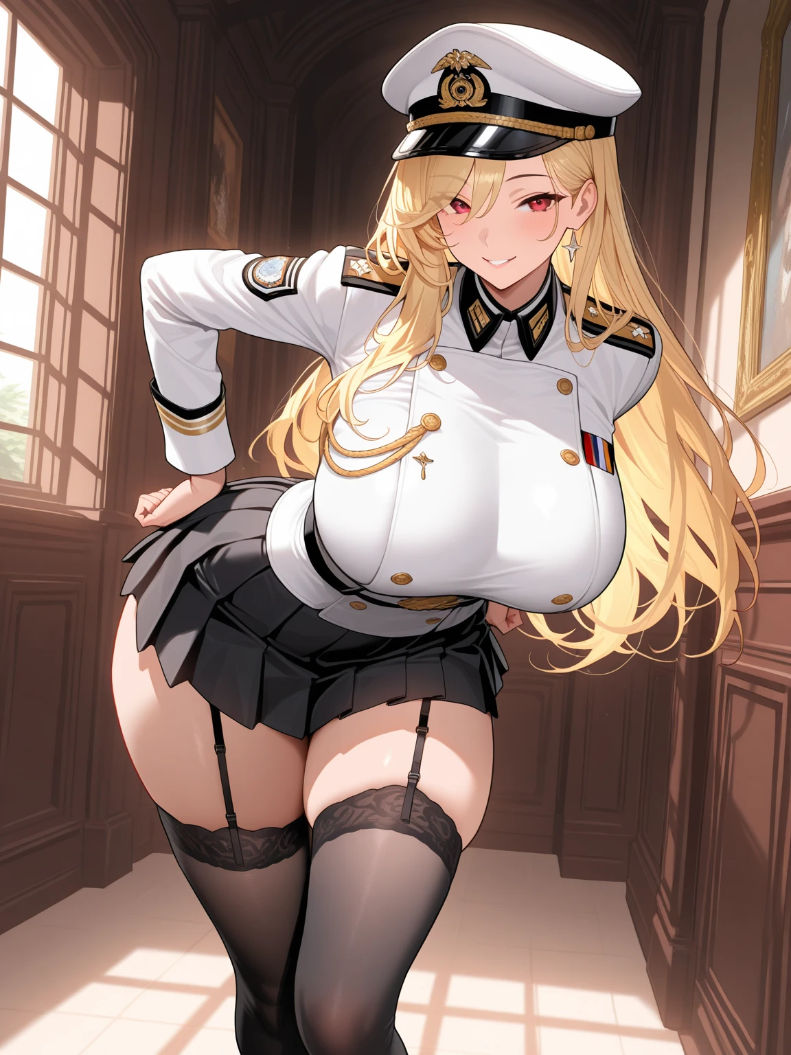 A woman，Long blond hair，Wear a military cap，Wearing a black bikini，Long legs，Nipple protrusion，Twenties，exposed，Black high heels，Huge breasts，超级Huge breasts，Standing