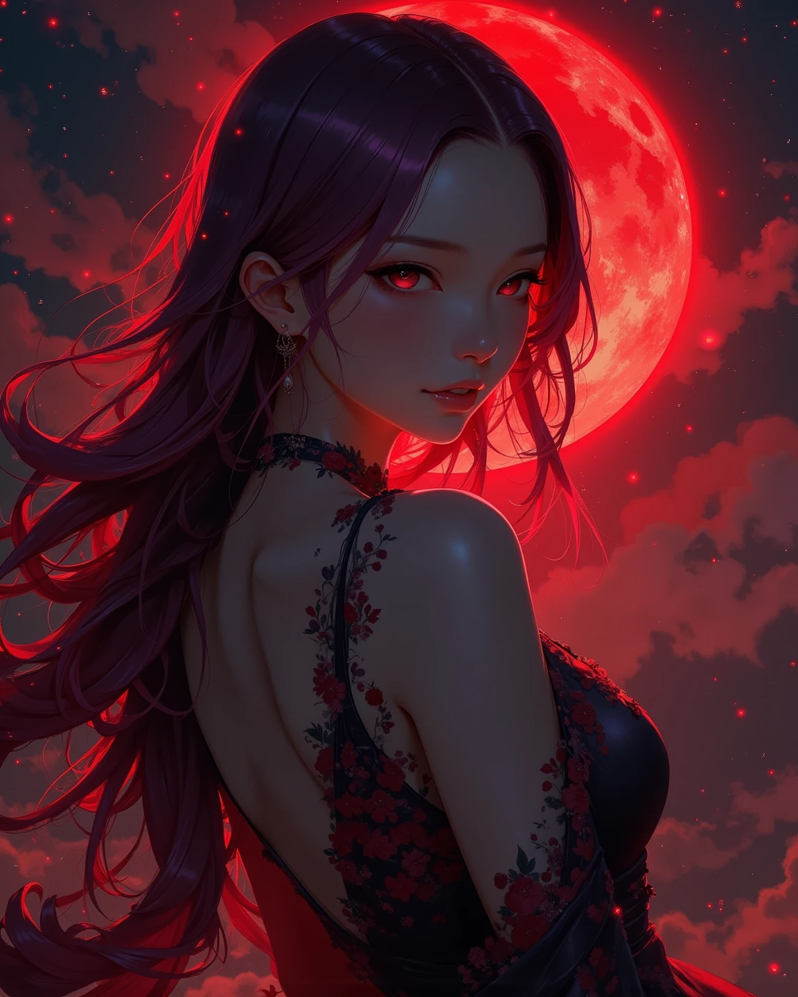 Create a beautiful red night with a red moon, red hair, yellow eyes, young beautiful japanese girl, cleavage, busty,
