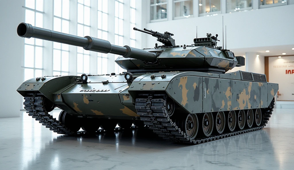 .imagine Realistic main battle tank named Jaguar 70, designed in India. The tank should have a dark grey color scheme, combining design elements of the Panther KF51 and T-90 tanks. It should have a modern but not futuristic look. The tank has a modular ceramic aramid shell with sloped frontal and side armor, visible external dampeners, and an armored skirt covering the tracks. The tank features a 130 mm smoothbore cannon as its primary armament, with a coaxial 30 mm autocannon and a remote-controlled 12.7 mm machine gun. The design should emphasize realism with detailed textures and a robust, battle-ready appearance. It should be painted in plain dark grey. IT MUST BE PERFECTLY MODELLED WITHOUT MISSING ANY DETAILS. AI MAY TAKE MORE TIME FOR GENERATION.