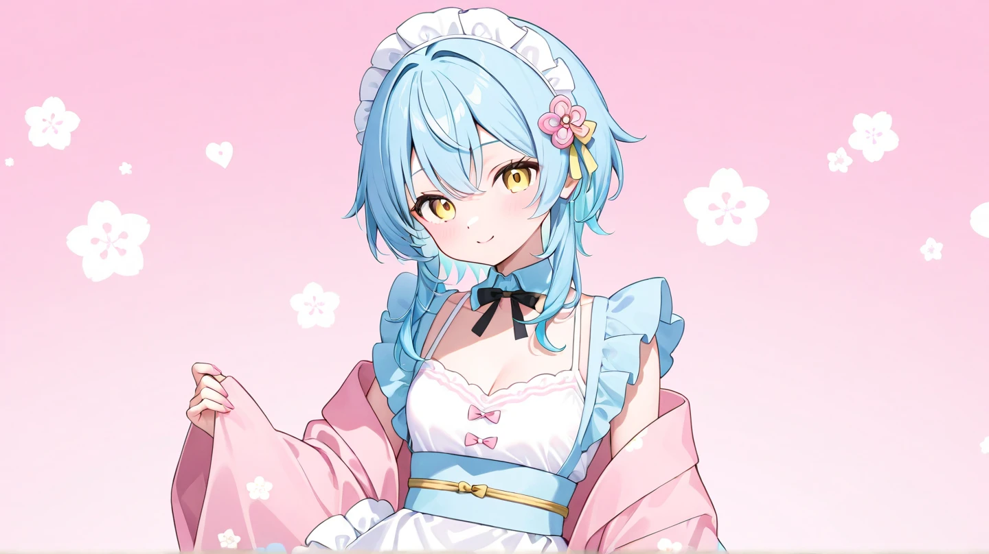 (chibi),solo,((The world is small)),(head shot),braid,open forehead,smile,Fairytale princess style,Alice in Wonderland,Cheshire Cat,(Pink and white pattern background:1.2),Red and white and pink and yellow,(Alluring cleavage),