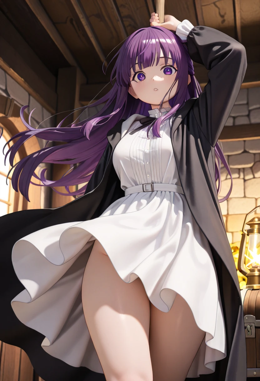 (Best Quality, Masterpiece),sexy, erotic, 1girl, 18 years old, Contempt, pride, long purple hair, ((purple eyes)), looking at viewer, medieval tabern, ((dark room)), sweat, candle lit, (((blushing))), ((masturbation)), nude, pussy