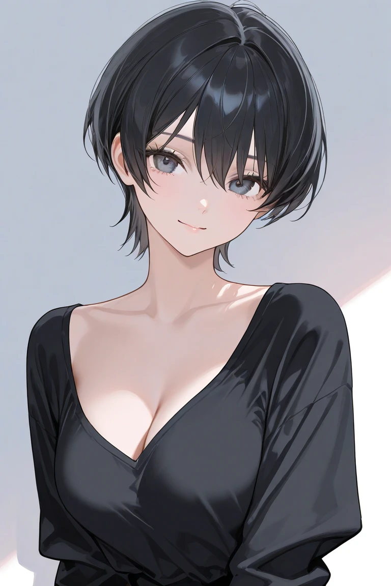 Masterpiece, High resolution, High-definition CG Unity 8K,realistic,Raw photo,Beautiful and dense face, white skin,1 girl,(black eyes and flat chest), slender body,(black very short hair:1.2),(Side undercuts and flowing bangs), (sitting on the floor of the room late at night),(evil grin),troubled eyebrows,
