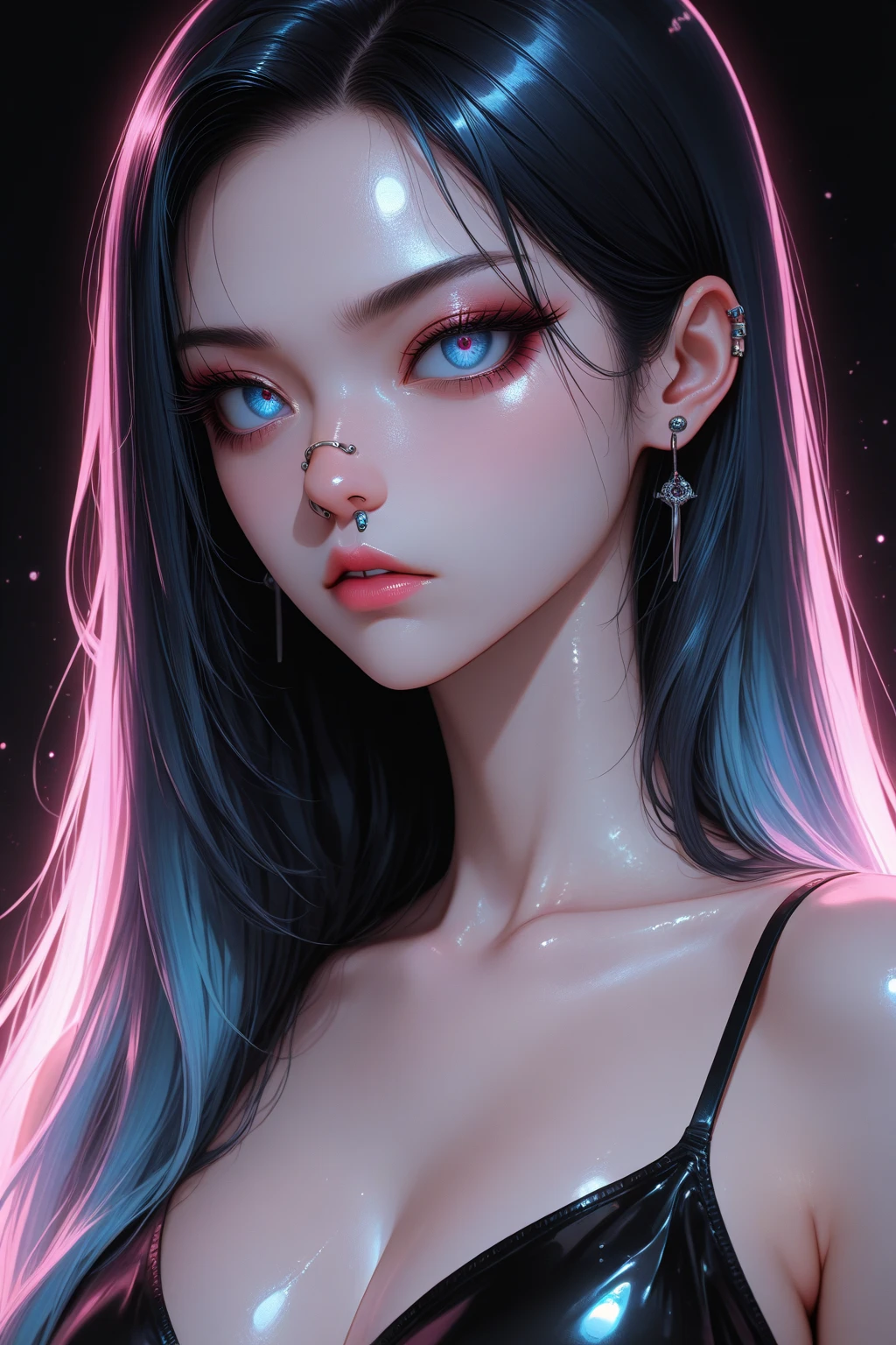 goddess of eternity with pink and blue hair, fading into the cosmos, neo punk, inkpunk, jem and the holograms, pop surrealism, in the style of frank moth, carne griffiths and adrian ghenie, sharp focus, messy, highly detailed,