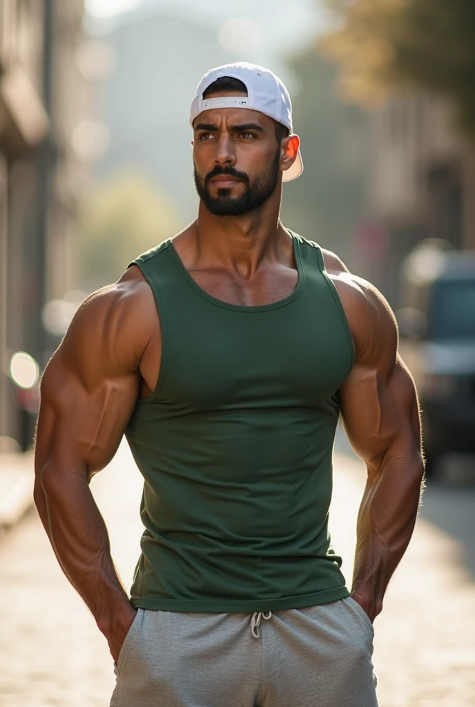 a handsome, robust man with a Mid fade haircut, wearing a green shirt, with massively large muscles, with a massively large, muscular and defined body, seen up close