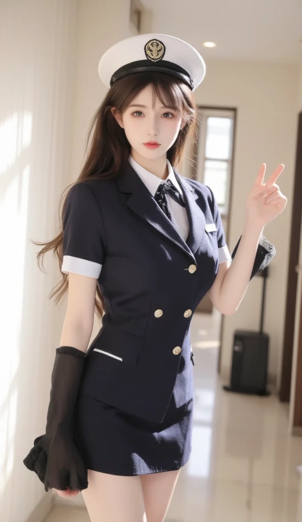 Super high definition, ultra image quality, 8K image quality (beautiful slim legs: 1.15), (cute face), (natural glossy skin: 1), (small breasts, thin waist, small thighs, firm buttocks, perfect body shape: 1.1), (detailed natural beauty skin, detailed skin texture, detailed black hair, random hairstyle), light shining on the face, (cinematic lighting), lens flare, shading, backlight, depth of field, backlight, airplane, airplane cockpit, , stewardess uniform, stewardess cosplay, glamour, slender body,