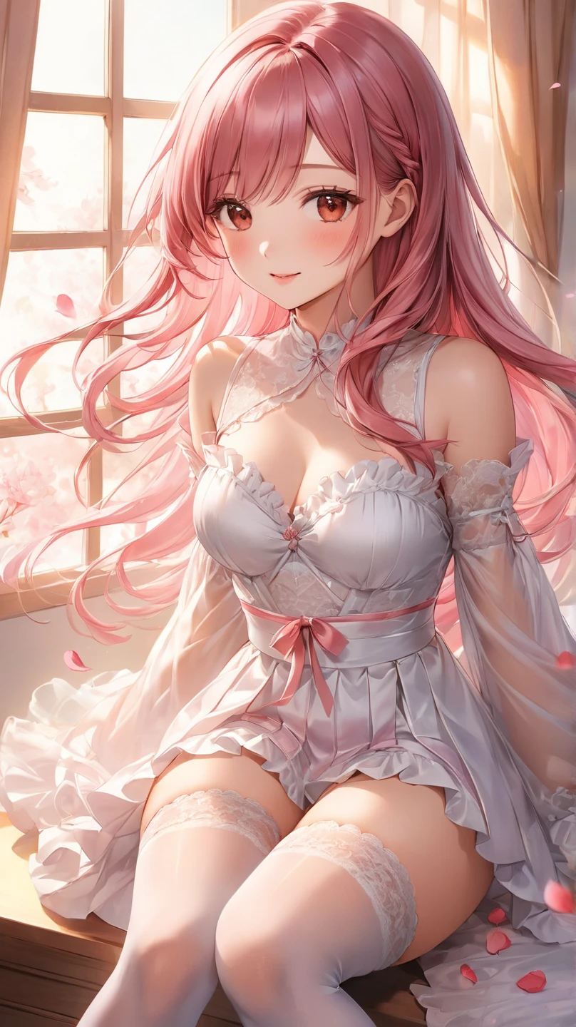 (A beautiful anime girl with short, vibrant pink hair and captivating blue eyes, sitting gracefully. She is wearing lingerie, radiating elegance and charm. Her smile brightens up the room, complementing her fair and flawless complexion.)
