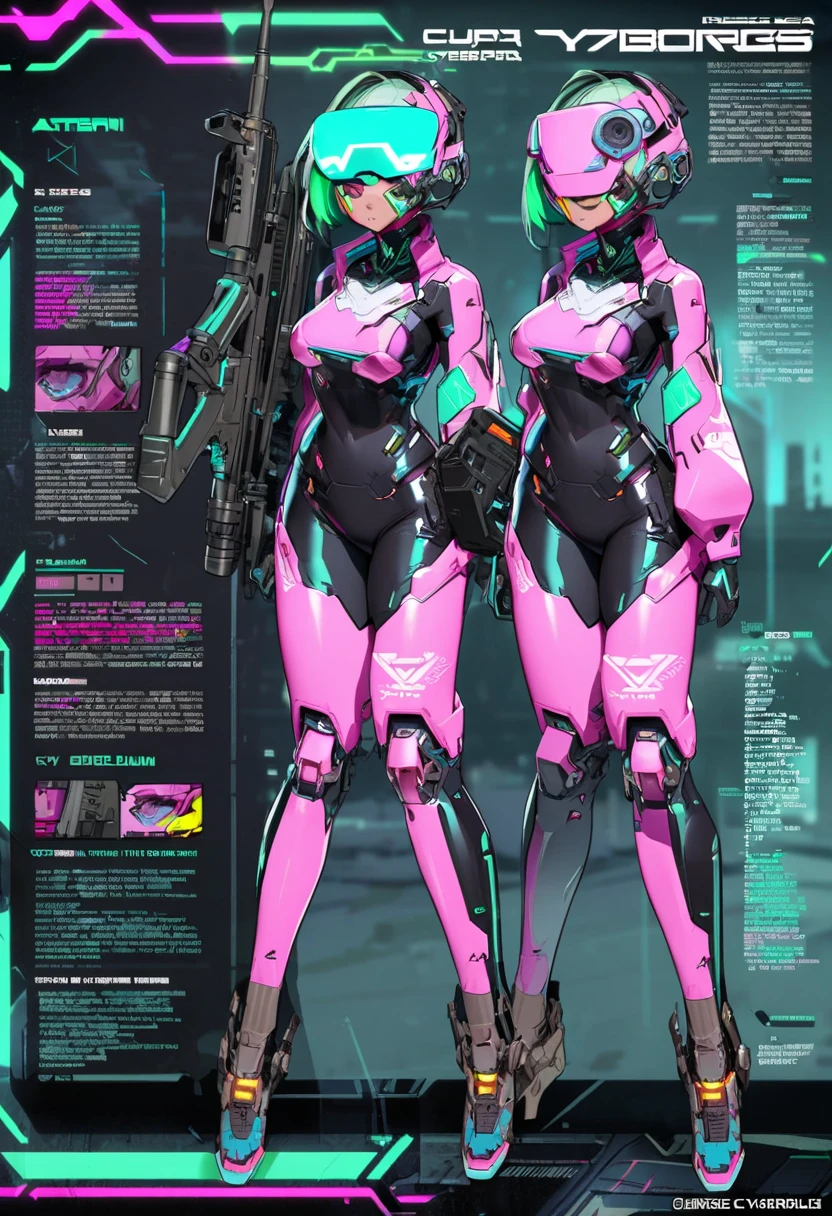 Beautiful cybernetic girl looking at camera in mobile cybernetic battle suit detailed muscles realistic masterpieces dynamic poses character sheet design