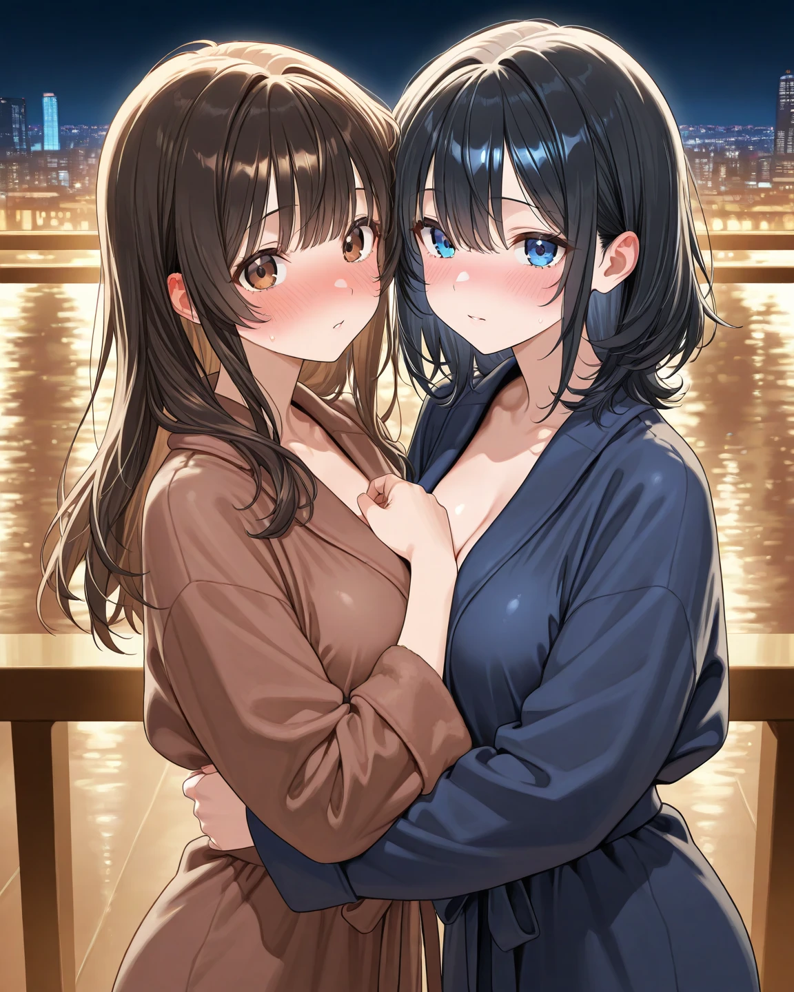 Two Japanese junior high school girls are hugging each other naked、small breasts、a swollen chest、everyone is looking at us..、はみ出るI can see pubic hair、I&#39;m shy、You can see pink nipples、everyone is naked、One is a slender woman with dark brown hair and a fluffy long bob.、One person has loose lob hair, brown hair, and small breasts.、slender、small size breastodest chest、Small breasts、shaggy public hair. under hair. I can see pubic hair、R18 illustration、erotic manga、Erotic illustration、2D illustration、Japan anime、drawn by Japanese ilastrator、high resolution、4K quality、high quality、High resolution、5 million pixels、high detail、No correction
