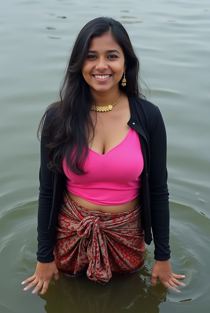 Kerala Indian woman wearing a deep neck blouse and an underskirt, masterpiece, best quality, best quality, (depth of field:1. 5), (realistic details:1. 3), both eyes are the same, perfect face, hd, 2k, 4k , 8k, 16k, v-neck, deep cleavage, visible navel, full body shot, bathroom, wet hair