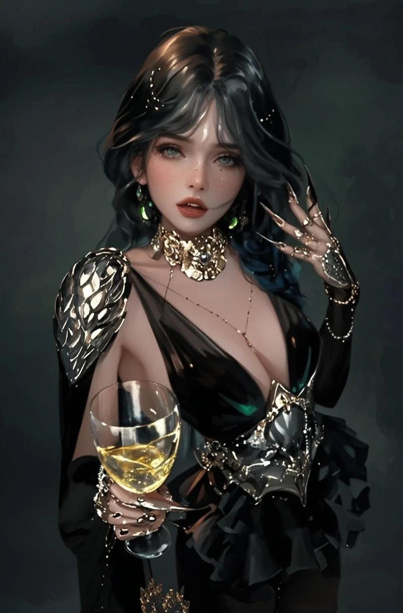 A young female vampire, beautiful, in a silver gown, holding a glass of wine in her hand. --auto --s2