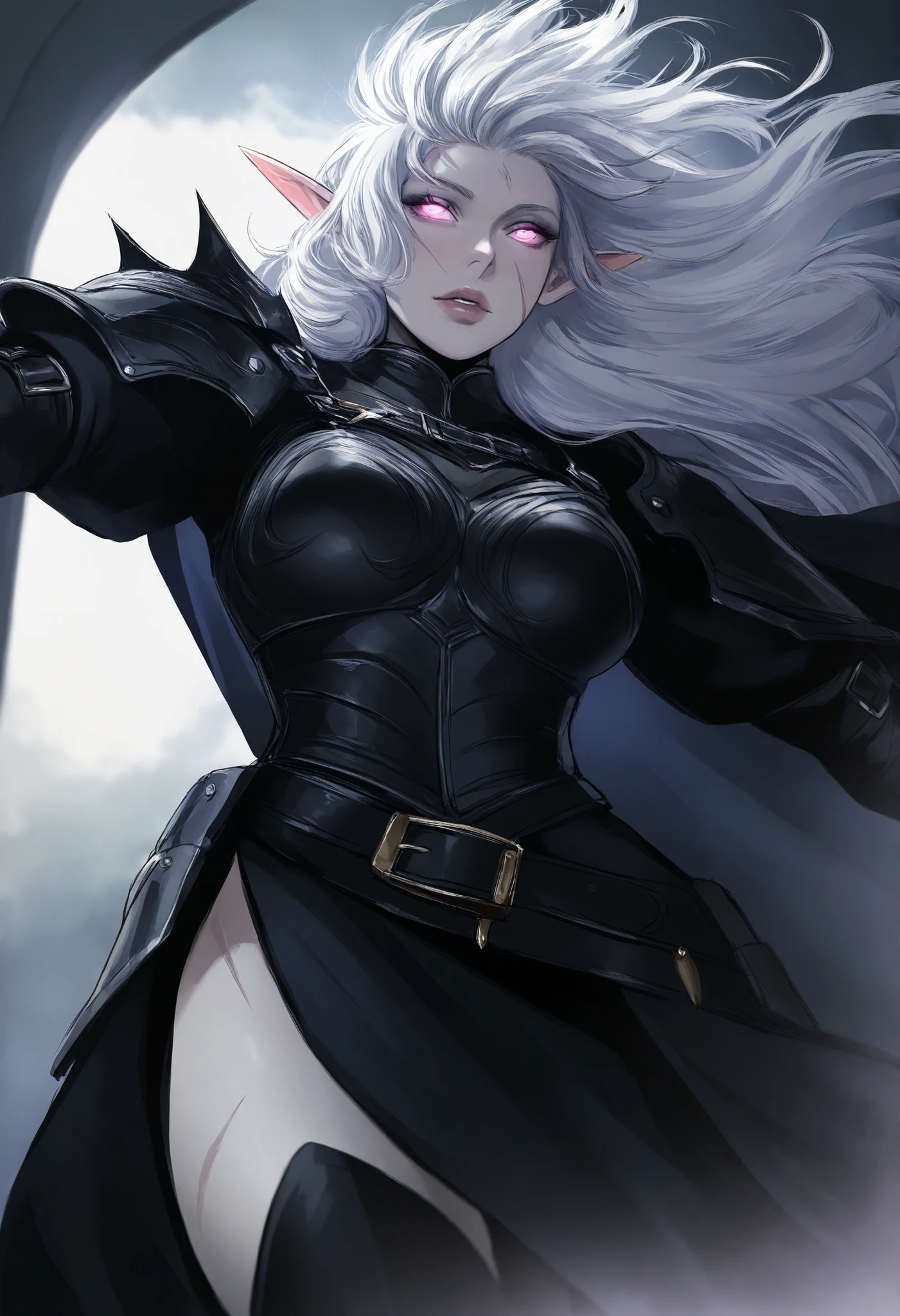 Mulher de cabelos castanhos, olhos azuis brilhantes, serious face, vestido , poder de gelo, espada de cristal, gelo ao redor, realista, melhor qualidade, corpo perfeito, very serious face, cabelos longos, franja, olhos azuis brilhantes, saia preta