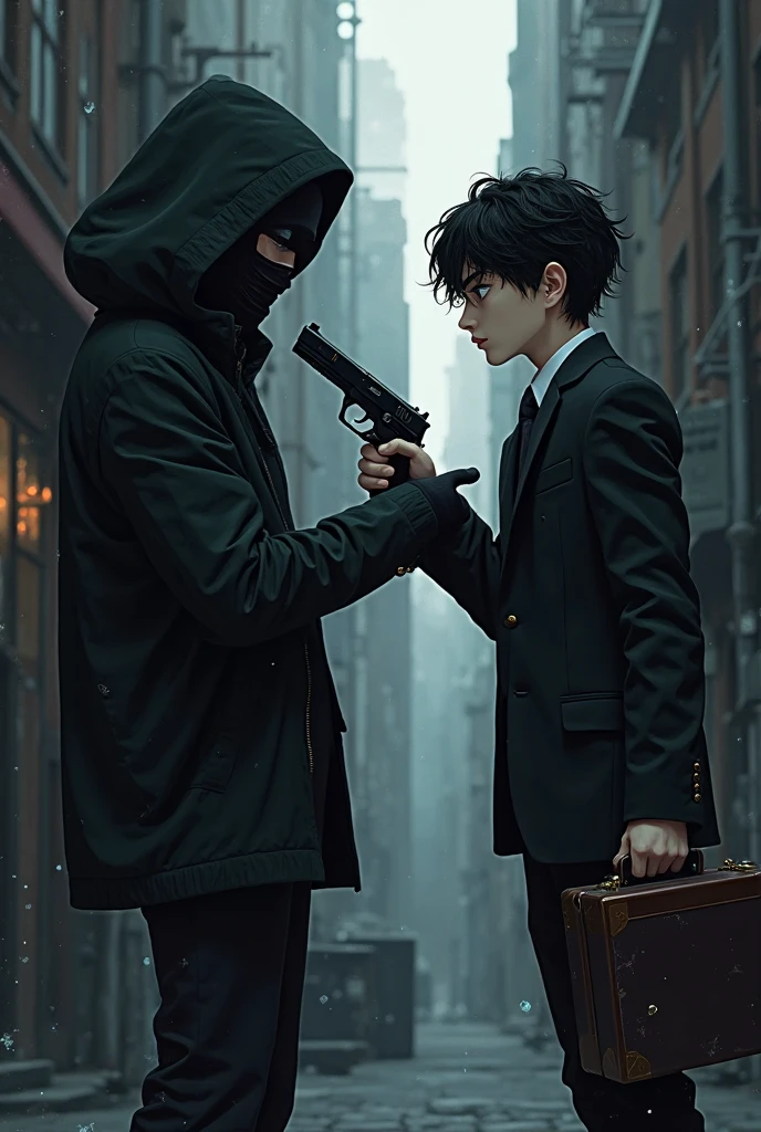 Boy　Looks like a child　Asian　Primary school students　Glasses　Blue jacket　Red bow tie　Detailed clothing　City of night　Next to him was an adult man dressed entirely in black.　pistol　Suspicious expression　Two people facing each other　smile　soccer