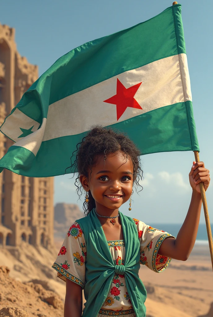 A young Somali girl wearing a hijab, holding the Somali flag in her hand, and smiling, with the colors being bright.