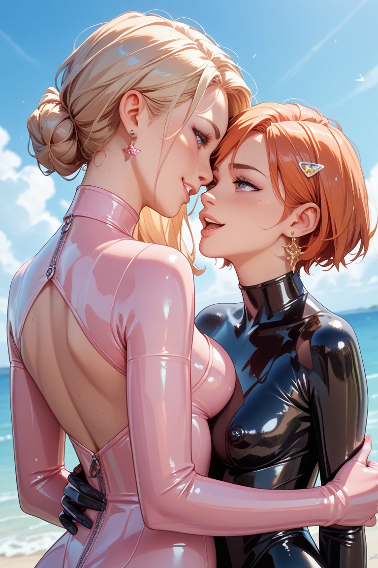 girls swimmers, 2 girls, 2 girls, two girls, multiple girls: 1.3, ((anime girls, twins with extremely cute and beautiful blonde hair walking seductively down the street)), (((twins)))),
((((Two twins)))), 2 swimming twins,((((two anime twins with extremely cute and beautiful blonde hair walking seductively down the street)))),
(large breasts:1.4),saggy breasts,(((very light blonde hair:1.35,straight hair,long hair:1.4,colored inner hair,ear breathing))),((heterochromia,eye1 blue,eye2 green,perfect eyes,upturned eyes:1.3,beautiful detailed eyes,finely detailed beautiful eyes:1,big highlight on eyes:1.2)),((fat)),(((lustrous skin:1.5,bright skin: 1.5,skin tanned,shiny skin,very shiny skin,shiny body,plastic glitter skin,exaggerated shiny skin))),(spider lower abdomen,narrow waist,wide hip,athletic body,inflated legs,delicate detailed fingers,detailed body,detailed arms,human hands,(detailed face)),
cute,slutty,seductive,erotic,(((nsfw))),
((one-piece_swimsuit magenta)),(wearing a one-piece_swimsuit outfit:1.3),(detailed outfit,detailed clothes),
(dynamic pose:1.0),embarrassed,centered,scale to fit dimensions,Rule of thirds,
outdoors,((night view)),(very pretty city neon synthwave,cyberpunk night street Background:1.5,dark sky,thick clouds),future vehicles,((neon lights)),thick clouds,(cyberpunk style,neon lights, (synthwave theme background), lonely street),(((detailed background:1.25))),
(best quality),(high resolution),(sharp focus),(ultra detailed),(extremely detailed),(extremely high quality artwork),8k_wallpaper,(extremely detailed CG 8k),(very fine 8K CG),((hyper super ultra detailed perfect piece)),flawless,(((masterpiece))),illustration,vibrant colors,(intricate),High contrast,Selective lighting,Double exposure,HDR (High Dynamic Range),Post-processing,Background blur,((((lesbian,lesbians, hugs,kiss)))), equal girls, identic girls