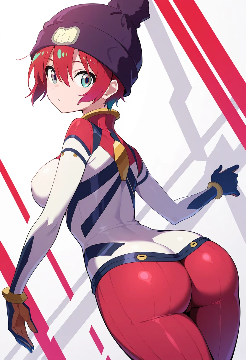 (1girl, standing) short, thin, tiny, small, young, light brown skin girl, egyptian, mouse ears, mouse tail, flame accents, white body suit, white full bodysuit with blue accents, cyberpunk tech suit, long hair, dark orange hair, white head scarf, blue and orange hair beads, cropped jacket, orange jacket, black utility belt with huge black pouches on hips, tech belt, giant hip saddlebags, big eyes, head bandana, turtle neck bodysuit, hair accessories, small braids in hair, hair half up half down, hair stripes, head jewelry, techwear, fire patches, bandages, large ears, glove, fingerless asymmetrical glove, wrapped hands, safety goggles around neck, black straps, fire theme, gun, flaming mouse tail, jacket patches, large mouse ears, half mouse, jacket patches, punk jacket patches, 
