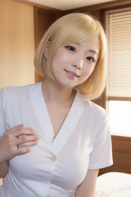 (best quality, 4K, 8k, highres, masterpiece:1.2), ultra-detailed, (realistic, photorealistic, photo-realistic:1.37), hyper detailed, extremely detailed, intricate details, sharp focus, physically-based rendering, professional, vivid colors, studio lighting、Japanese High School Girl、coy smile、Natural Makeup、(blond)、middlehair、Inward curl、White shirt、Open shirt、Emphasize cleavage、side boob、under boob、flat breasts、Thick upper lip