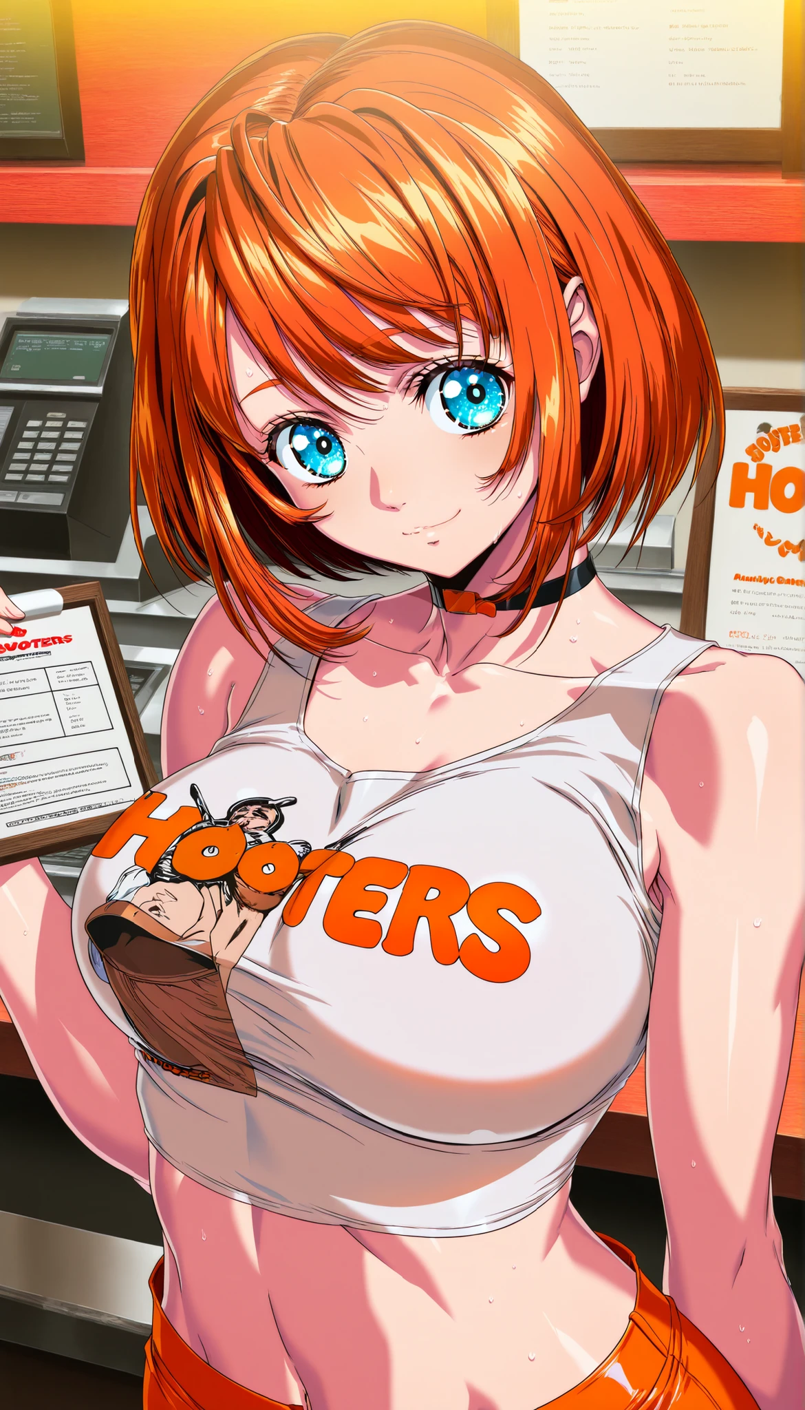 (Yokota Mamoru style),charming smiles,(portrait :1.4)
,beautiful face, Good figure, Defined body, Super Detailed, high detail, High Quality, best quality, high resolution, 1080P, high resolution, 4K, 8k, masterpiece, correct, volumetric lighting, detailed eyes, 1girl, Hooters, tight uniform, Hooters uniform, Stand behind the cash register, midriff, sleeveless, Sweating, holding the counter