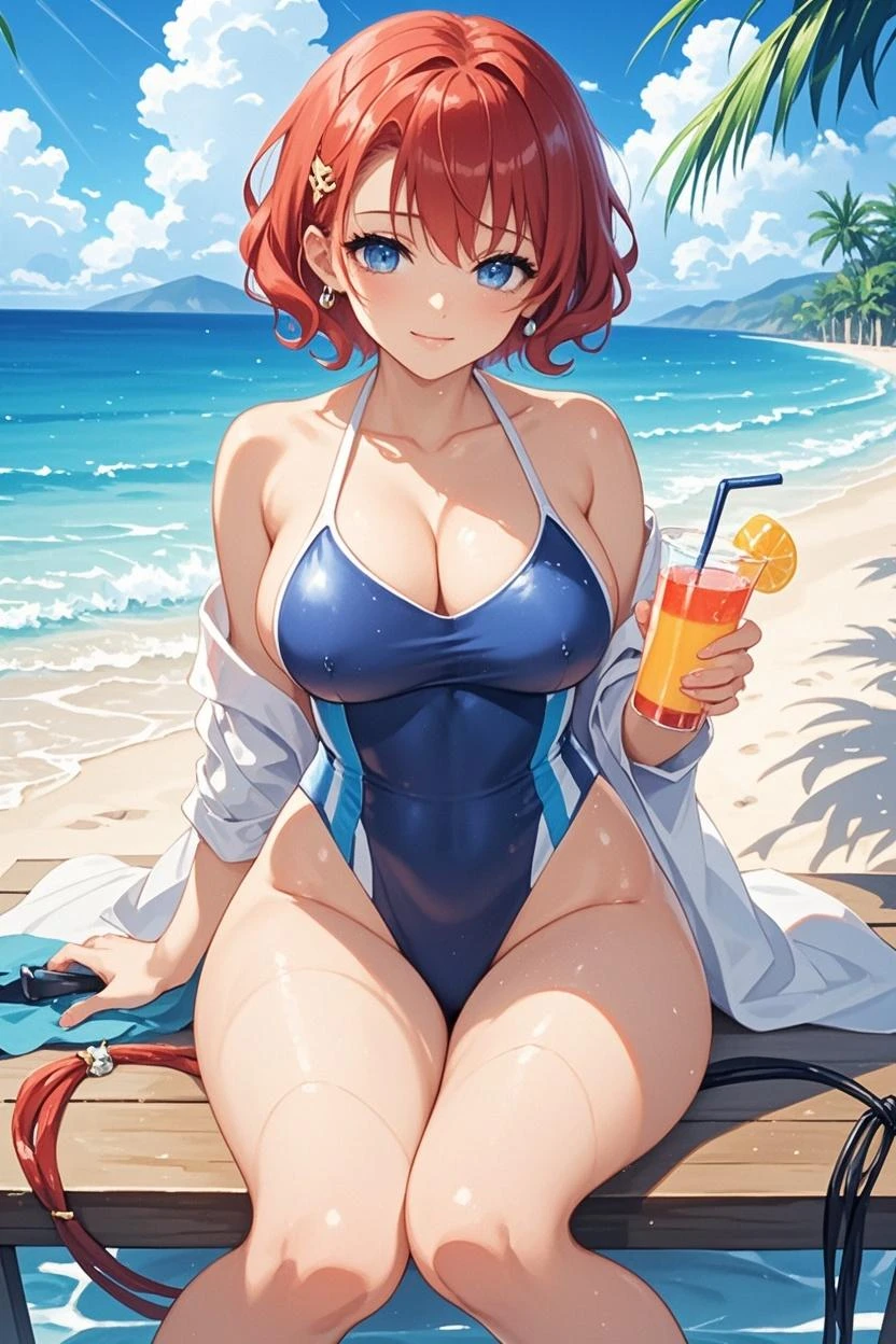 A red haired woman with red eyes with an hourglass figure in a cute one piece swimsuit is sipping a drink in a chair at the beach with a smile