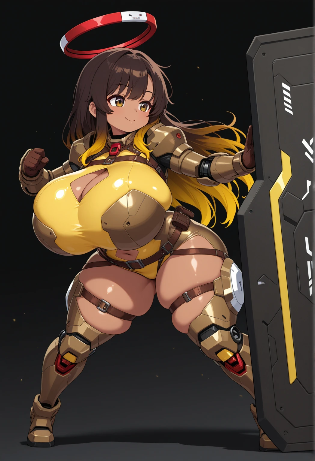 ((masutepiece, Best Quality, ultra-detailliert, 8K)), 1girl in, Stunning cute girl with a smile, extremely detailed eye, Light brown medium hair with bangs, Imitates Scorpion's bikini armor with helmet, boots and gloves, Hands on hips pose, solid black background