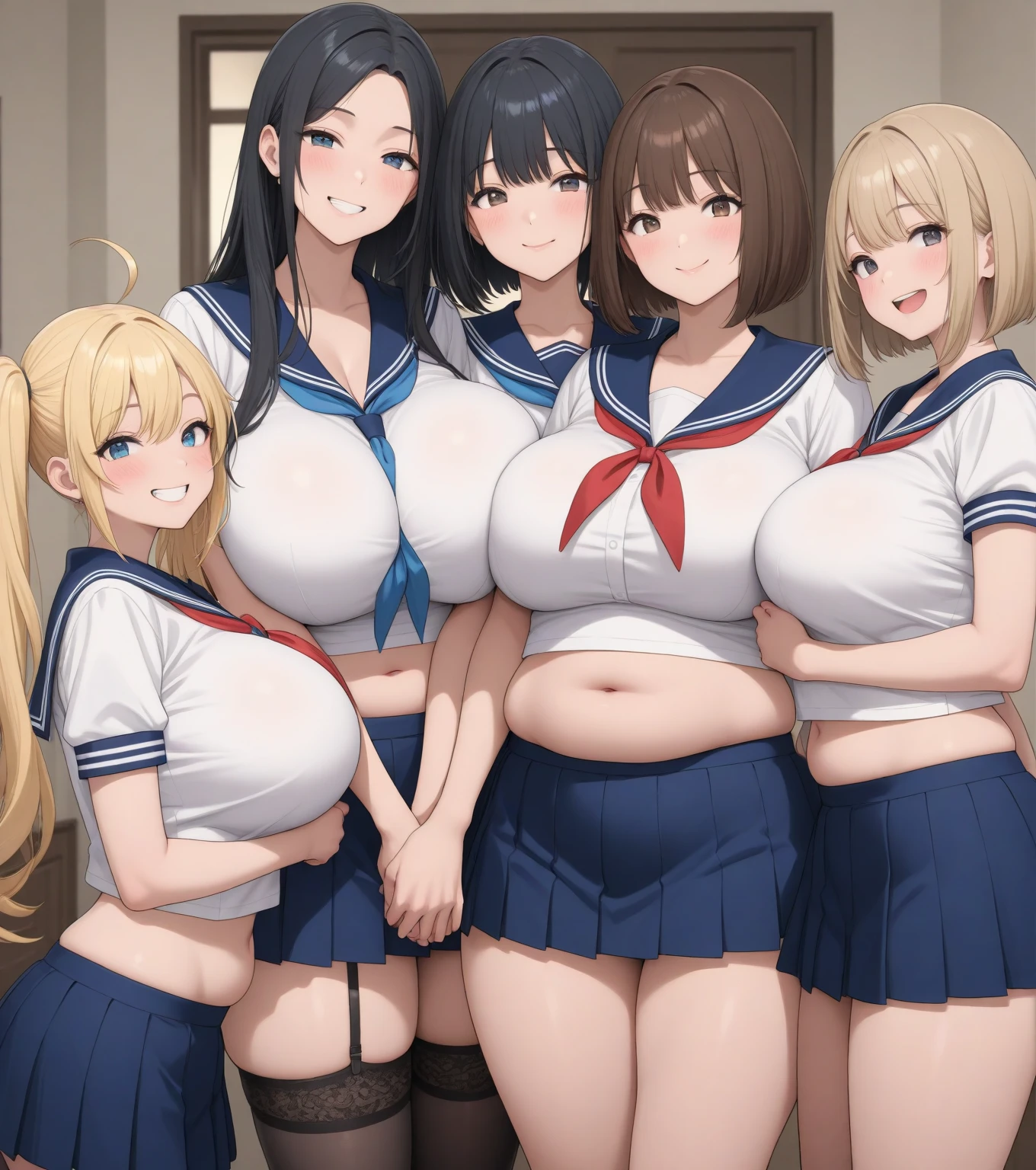 (8k, RAW photo, best quality, masterpiece, soft cinematic lighting, soft color:1.4),(POV,from above,looking up at viewer,face focus:1.5),(sailor school uniform is super sheer:1.4),(covred nipples:0.9),(pointy sagging huge long wide super heavy breasts:1.4),yellow white green uniform,(underboob:1.8), green skirt, white top, yellow ribbon, young adult,teen age, 19 years, (embarrassed,blush:1.5),blonde hair,mushroom cut, open mouth,(super beautiful face:1.5),(super details beautiful big eyes, beautiful brown eyes:1.5), striking body curves, horny smile, pink lips, tiny girl, cute pose,kneeling,(arms behind back:1.5), masterpiece, (President's office, background:1.8),