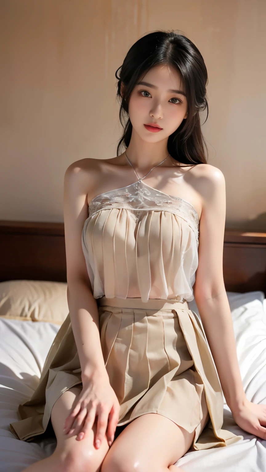 one Asian woman (ethnicity:1.2), (detailed clothing:1.2), ((large breast)), (accessories:1.1), (detailed skin texture:1.2), (facial features:1.3), (expression:1.2), (body type:1.1), (pose:1.eated on a bed, (upper body nude), wearing gray underwear and black stockings, (accessories:1.1), (detailed tattoos:1.2), (detailed hair:1.2), (long dark hair), facing viewer, center-frame, slightly angled view from knees upwards, soft natural light, subtle shadows, (lighting:1.1), photorealistic style, bedroom interior, white bedsheets, dark wooden headboard, still life, intimate setting, high detail, 8k, detailed skin, (high detail:1.3), (focus:1.2), (large naked breast) Negative prompt ((worst quality, low quality), bad_pictures, ((perfect proportion)) 최고 품질의,8k, 상세한 얼굴 묘사, 상세한 눈 묘사, 갈색 머리(긴 웨이브 머리),아름다운 한국 소녀, 21년산, ((속옷을 벗는 것)), ((맨가슴)), 알록달록한 귀걸이, 목걸이, Young woman, Asian ethnicity, 20s, seated on a bed. Low-angle, close-up shot. She wears (((black pleated mini skirt))). She is wearing sheer white thigh-high stockings with lace trim. Her expression is alluring, with a slightly downward gaze and soft smile. Her long black hair is styled in loose waves. Natural light illuminates the scene, creating soft shadows and highlighting the delicate textures of the clothing. The background is a neutral beige-toned wall and a bedside lamp. The composition is focused on the subject, showcasing a sensual and intimate atmosphere. The overall mood is suggestive yet not overtly aggressive. The image style could be described as a modern aesthetic with soft, natural lighting. The scene suggests a studio portrait, with a bedroom setting providing a comfortable intimacy.. ((NSFW))