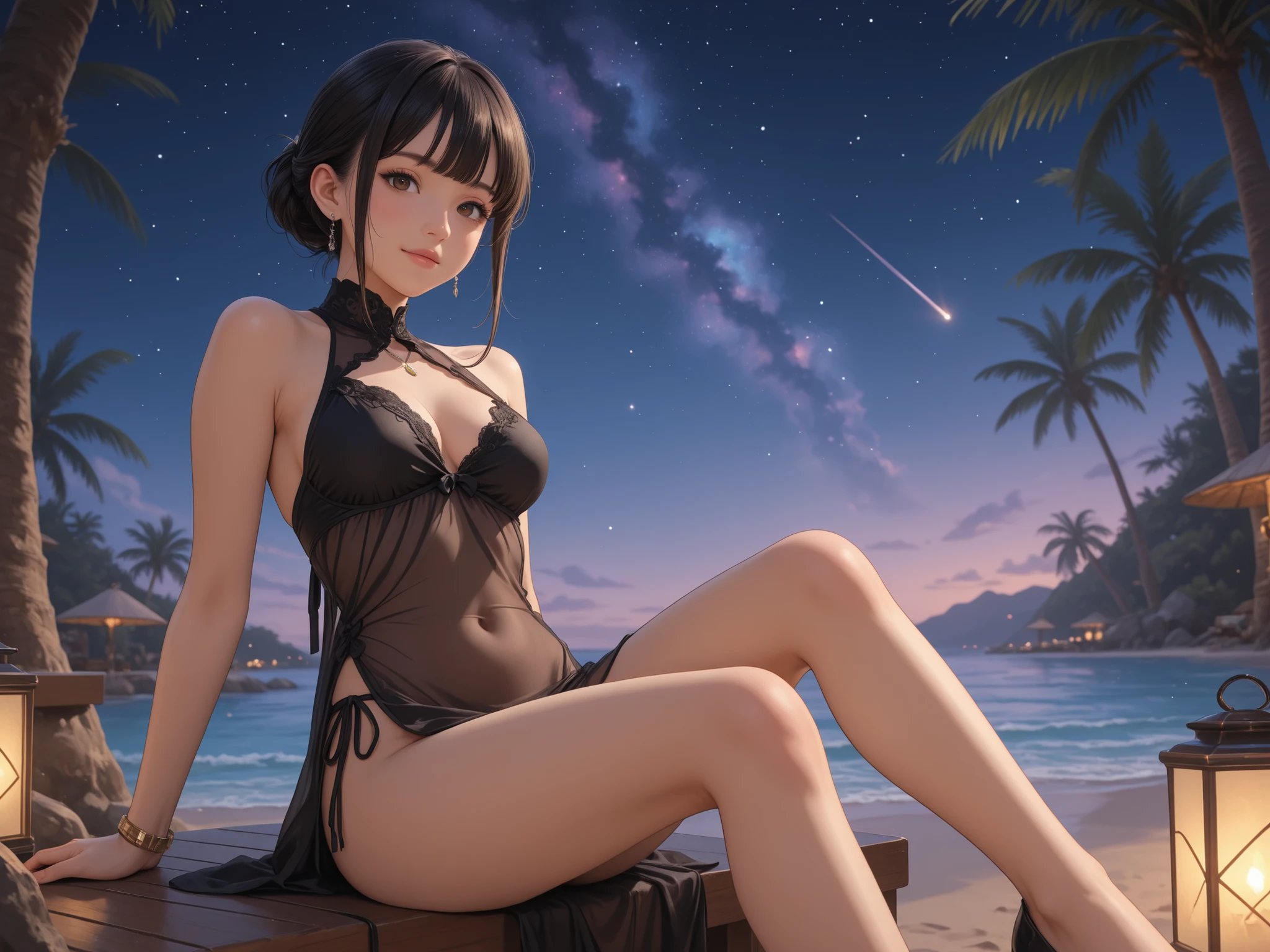 1girl, standing on the sea, night market as background, detailed skin, beautiful legs