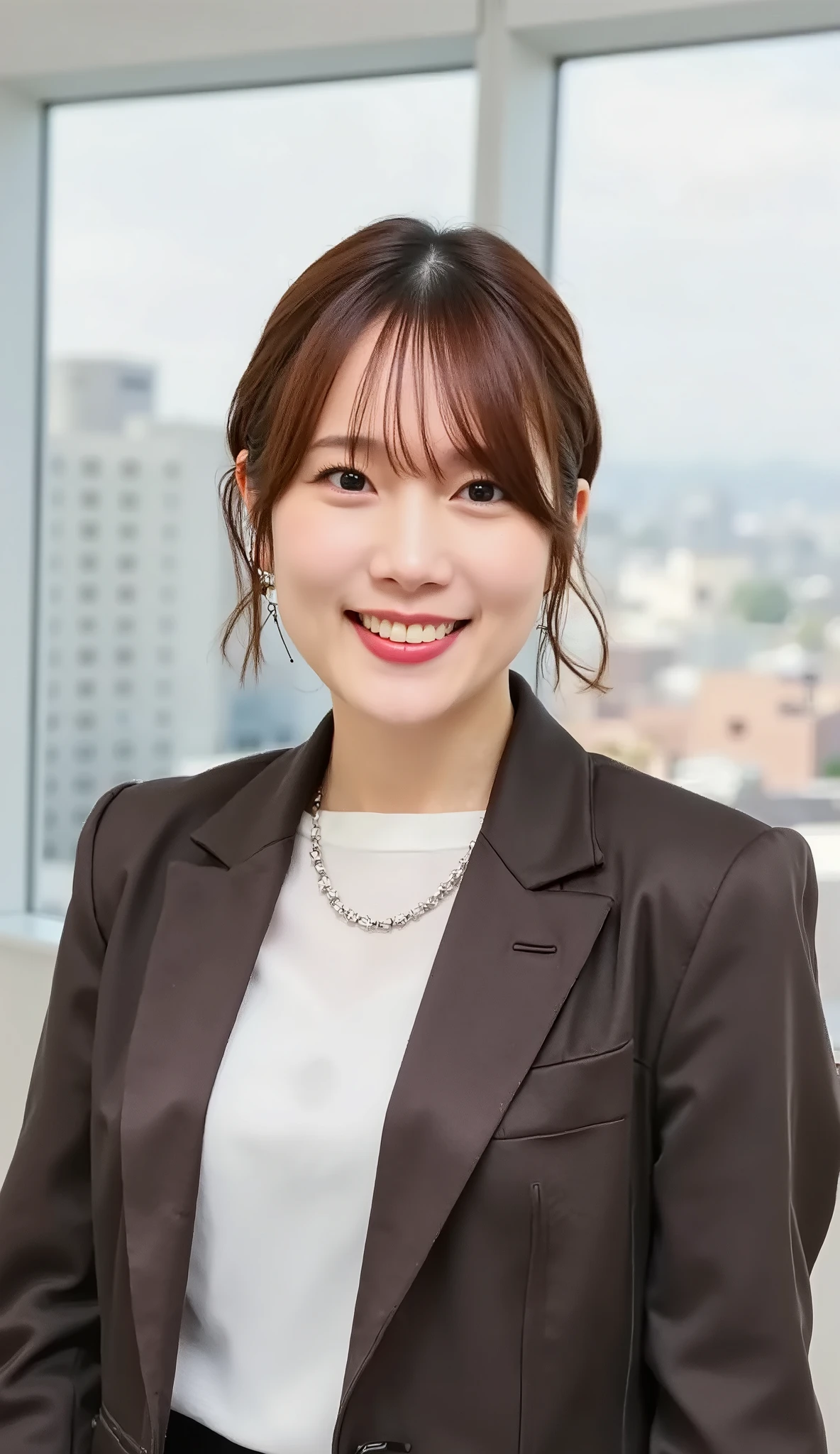 Neat Young Woman、and look at the camera、office lady suit、jacket、shirt、necklace、ear piercing、黒髪、、smile showing teeth、背景はオフィス