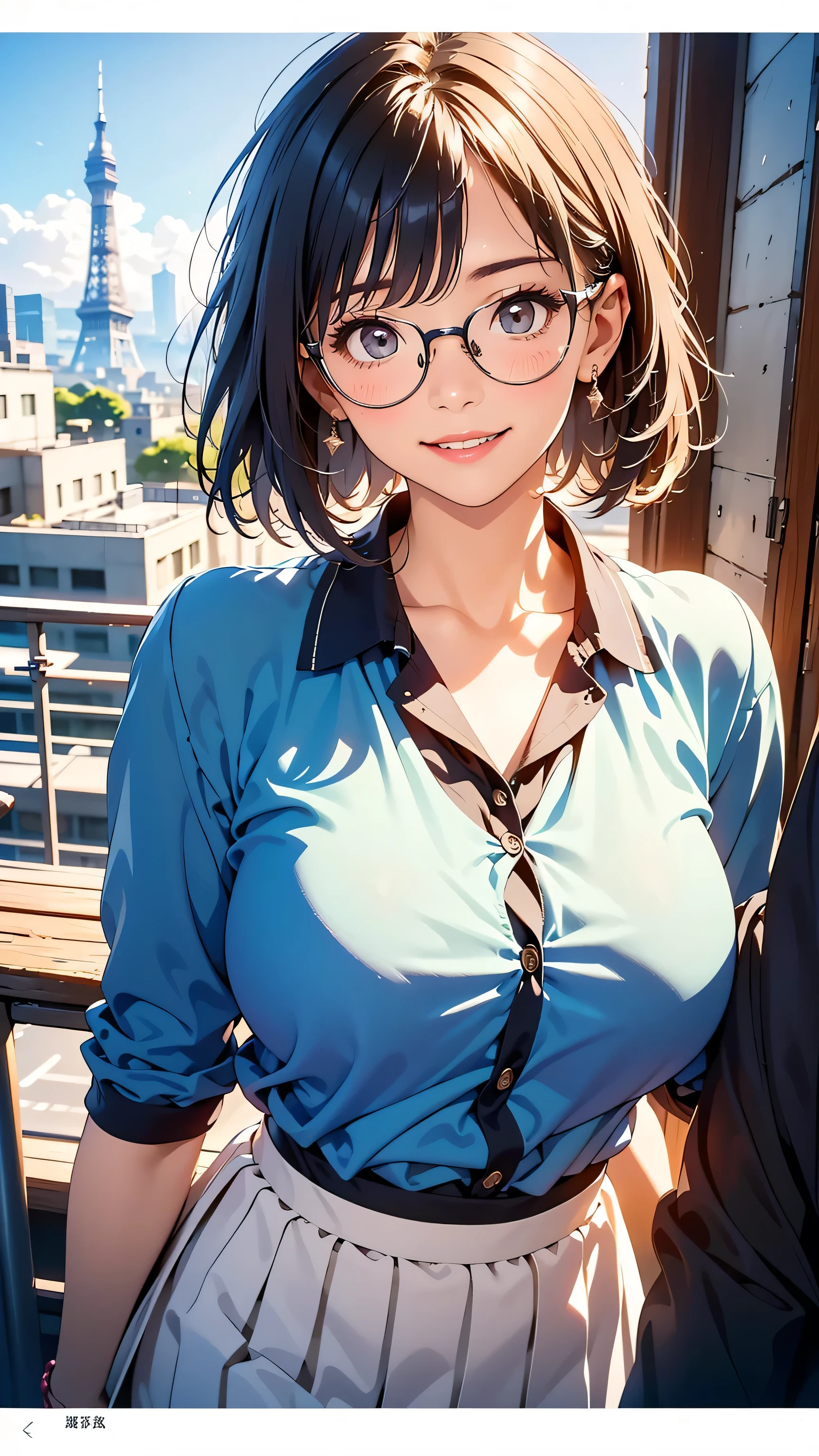 (best quality,4k,8k,highres,masterpiece:1.2),ultra-detailed,(realistic,photorealistic,photo-realistic:1.37), 1girl,rounded glasses,big glasses,beautiful detailed eyes, deep v cleavage, beautiful detailed lips,extremely detailed eyes and face,smiling,looking at the camera,short messy hair,dark-skinned, rounded eyes,cyan blue shirt,black shorts,close up,magazine shot,dynamic pose,studio lighting,vivid colors,portraits