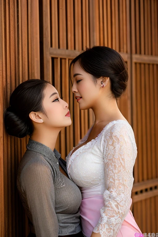 2girl, two beautiful chubby balinese woman with sexy kebaya kissing, french kiss, side view, voluptuous woman, busty, curvy, cleavage, huge round breasts, curly bun hair, pale skin, sweaty, makeup, realistic, hd