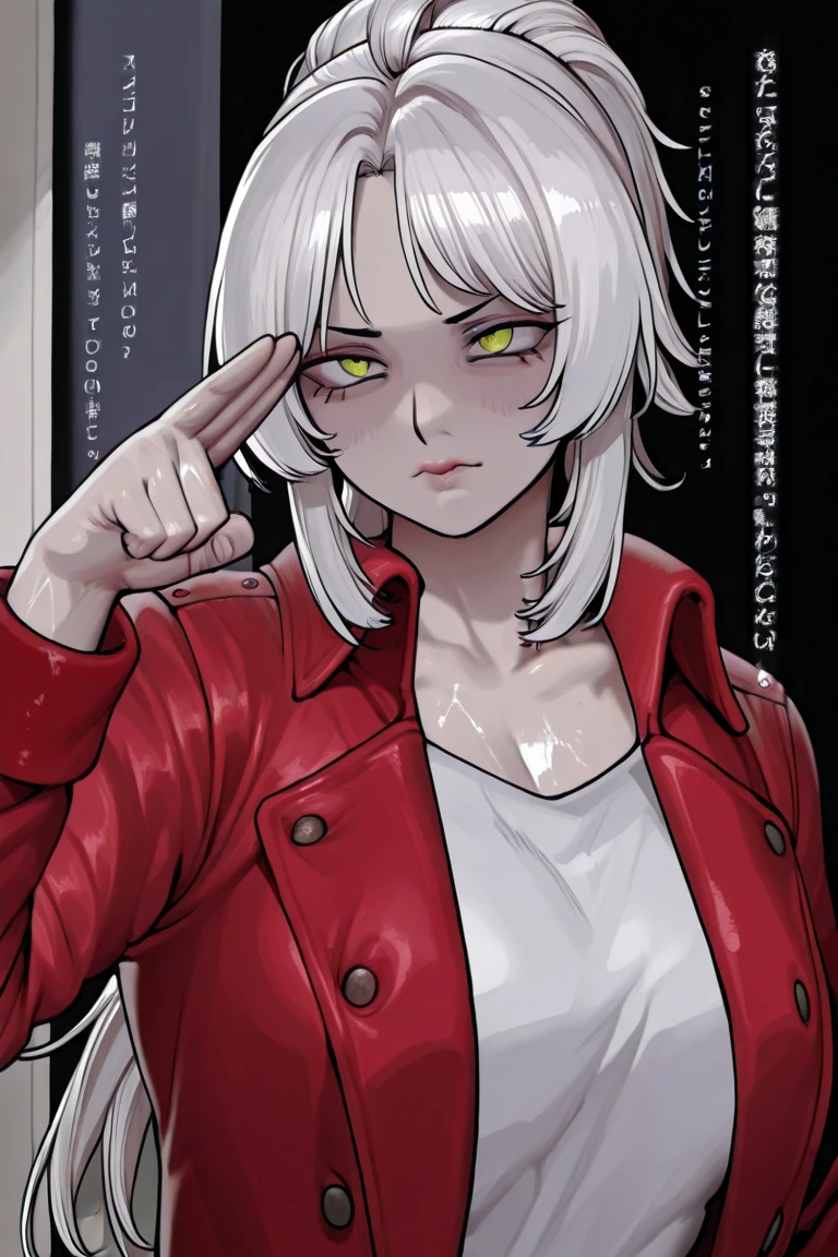 (masterpiece, best quality), beautiful men, silver hair, green eyes , wolf cut hair , T-shirt , white shirt , Throat, wet with sweat, Six pack, pink nipples, Insidious, Sharp-eyed, fierce eyes, canine teeth, 
