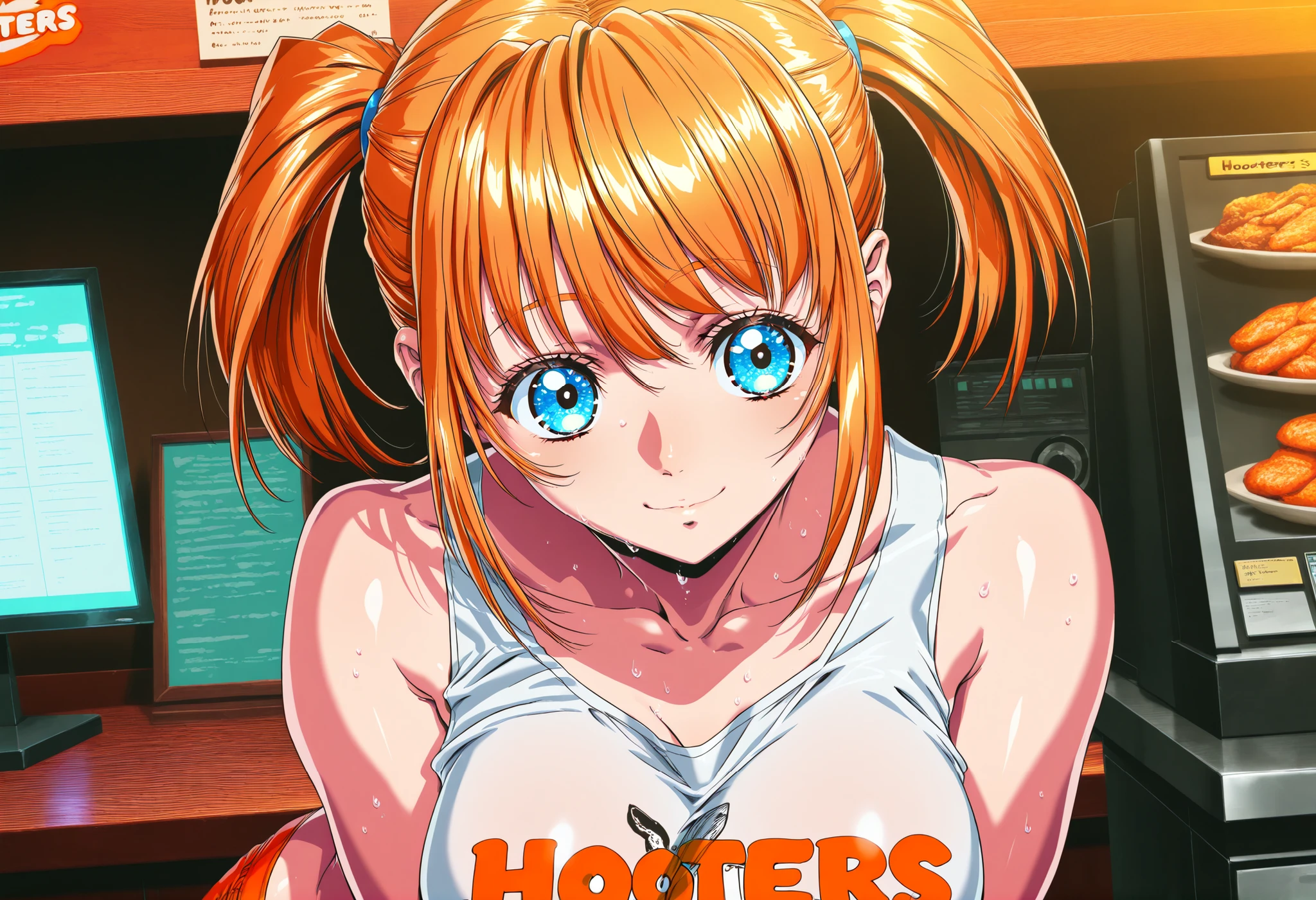 (Yokota Mamoru style),charming smiles,(portrait :1.4)
,beautiful face, Good figure, Defined body, Super Detailed, high detail, High Quality, best quality, high resolution, 1080P, high resolution, 4K, 8k, masterpiece, correct, volumetric lighting, detailed eyes, 1girl,  Hooters, tight uniform, Hooters uniform, Stand behind the cash register, midriff, sleeveless, Sweating, holding the counter