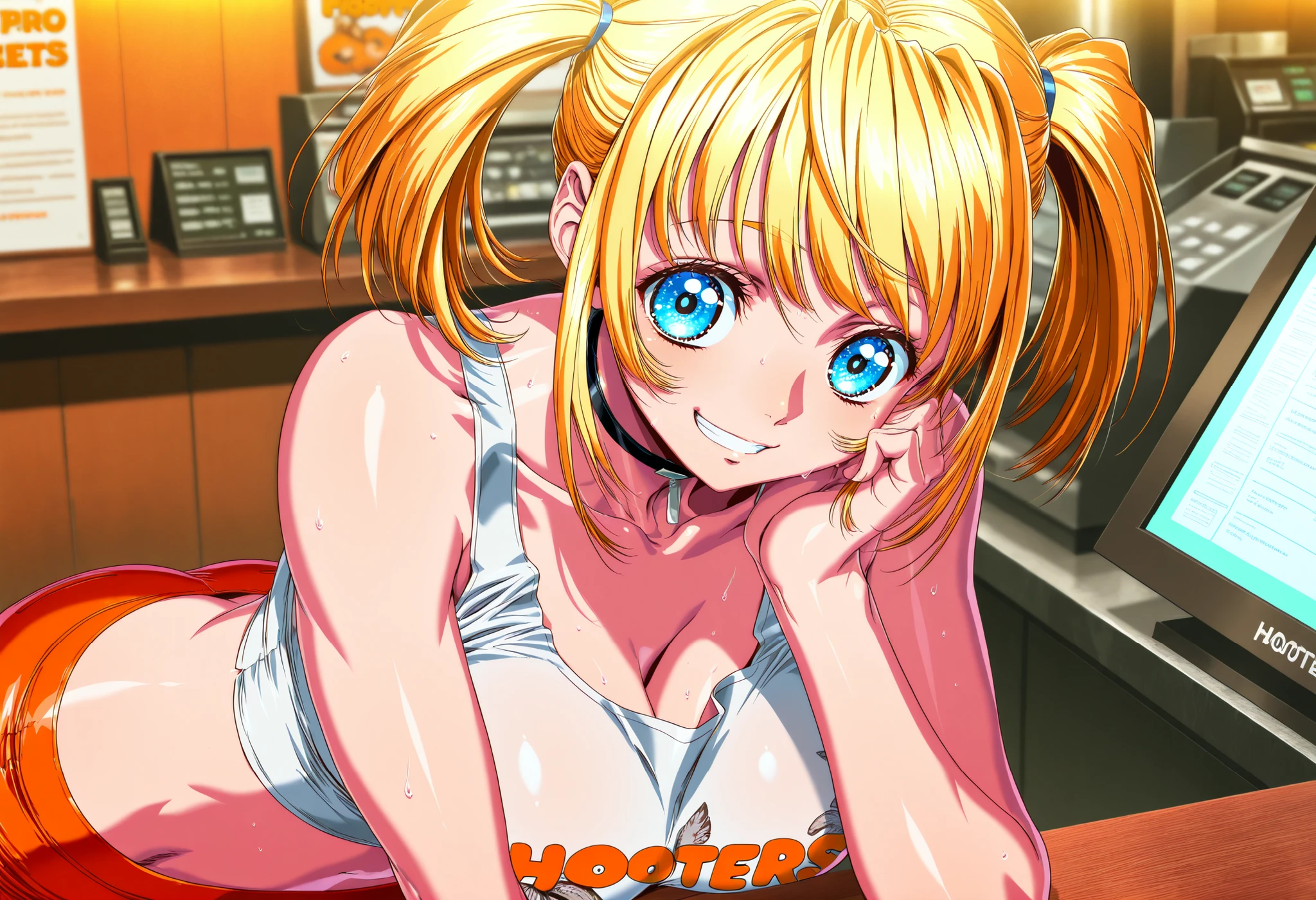 (Yokota Mamoru style),charming smiles,(portrait :1.4)
,beautiful face, Good figure, Defined body, Super Detailed, high detail, High Quality, best quality, high resolution, 1080P, high resolution, 4K, 8k, masterpiece, correct, volumetric lighting, detailed eyes, 1girl, Hooters, tight uniform, Hooters uniform, Stand behind the cash register, midriff, sleeveless, Sweating, holding the counter