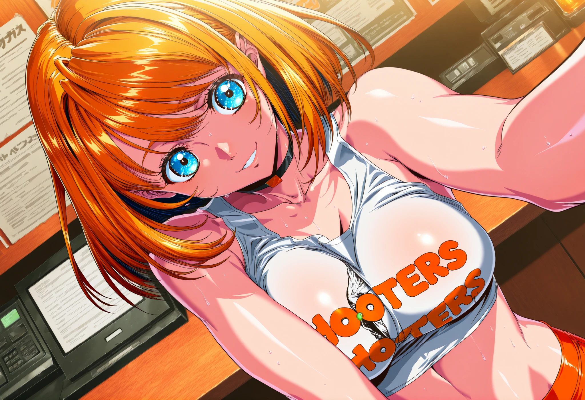(Yokota Mamoru style),charming smiles,(portrait :1.4)
,beautiful face, Good figure, Defined body, Super Detailed, high detail, High Quality, best quality, high resolution, 1080P, high resolution, 4K, 8k, masterpiece, correct, volumetric lighting, detailed eyes, 1girl, Hooters, tight uniform, Hooters uniform, Stand behind the cash register, midriff, sleeveless, Sweating, holding the counter