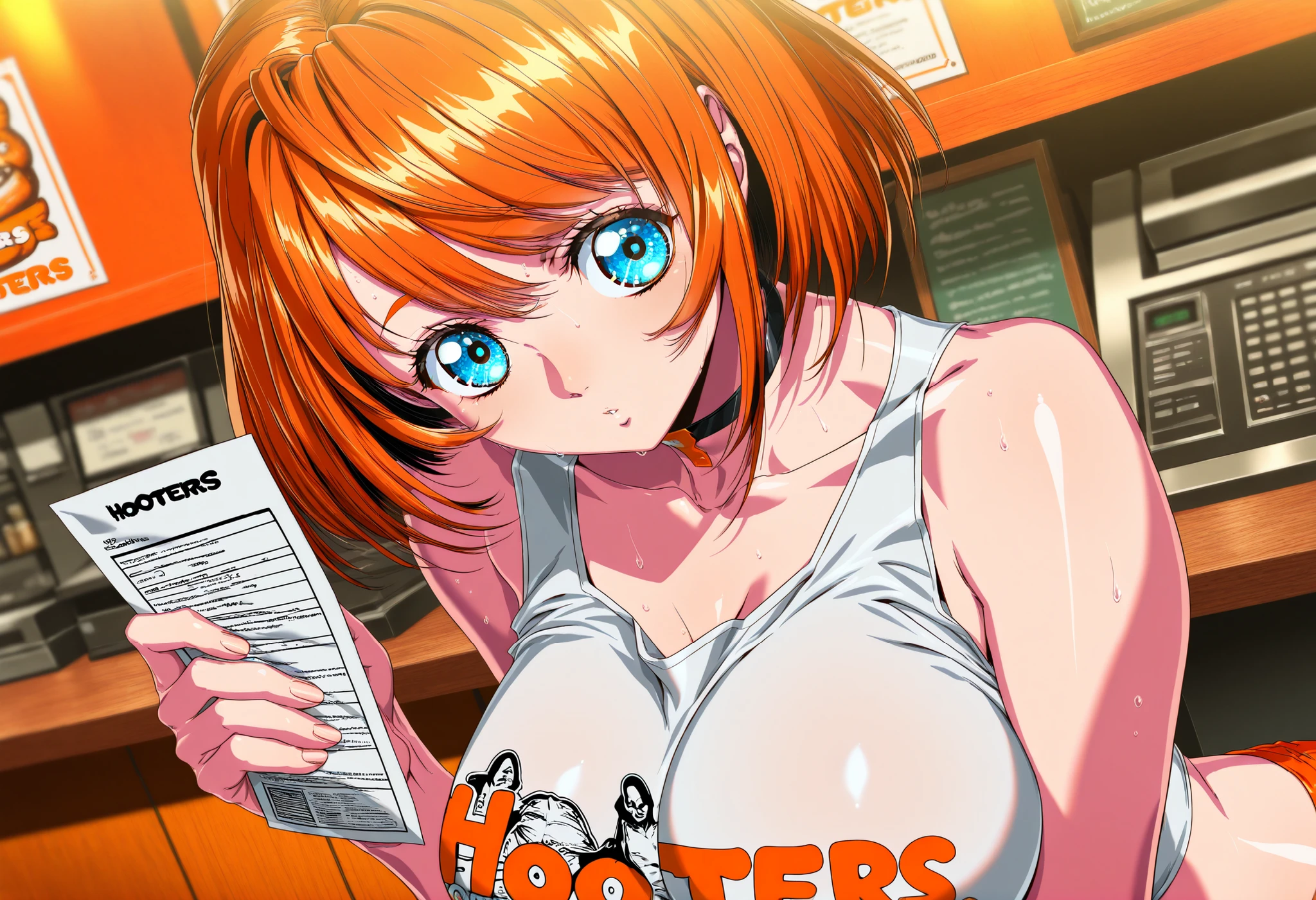 (Yokota Mamoru style),charming smiles,(portrait :1.4)
,beautiful face, Good figure, Defined body, Super Detailed, high detail, High Quality, best quality, high resolution, 1080P, high resolution, 4K, 8k, masterpiece, correct, volumetric lighting, detailed eyes, 1girl,  Hooters, tight uniform, Hooters uniform, Stand behind the cash register, midriff, sleeveless, Sweating, holding the counter