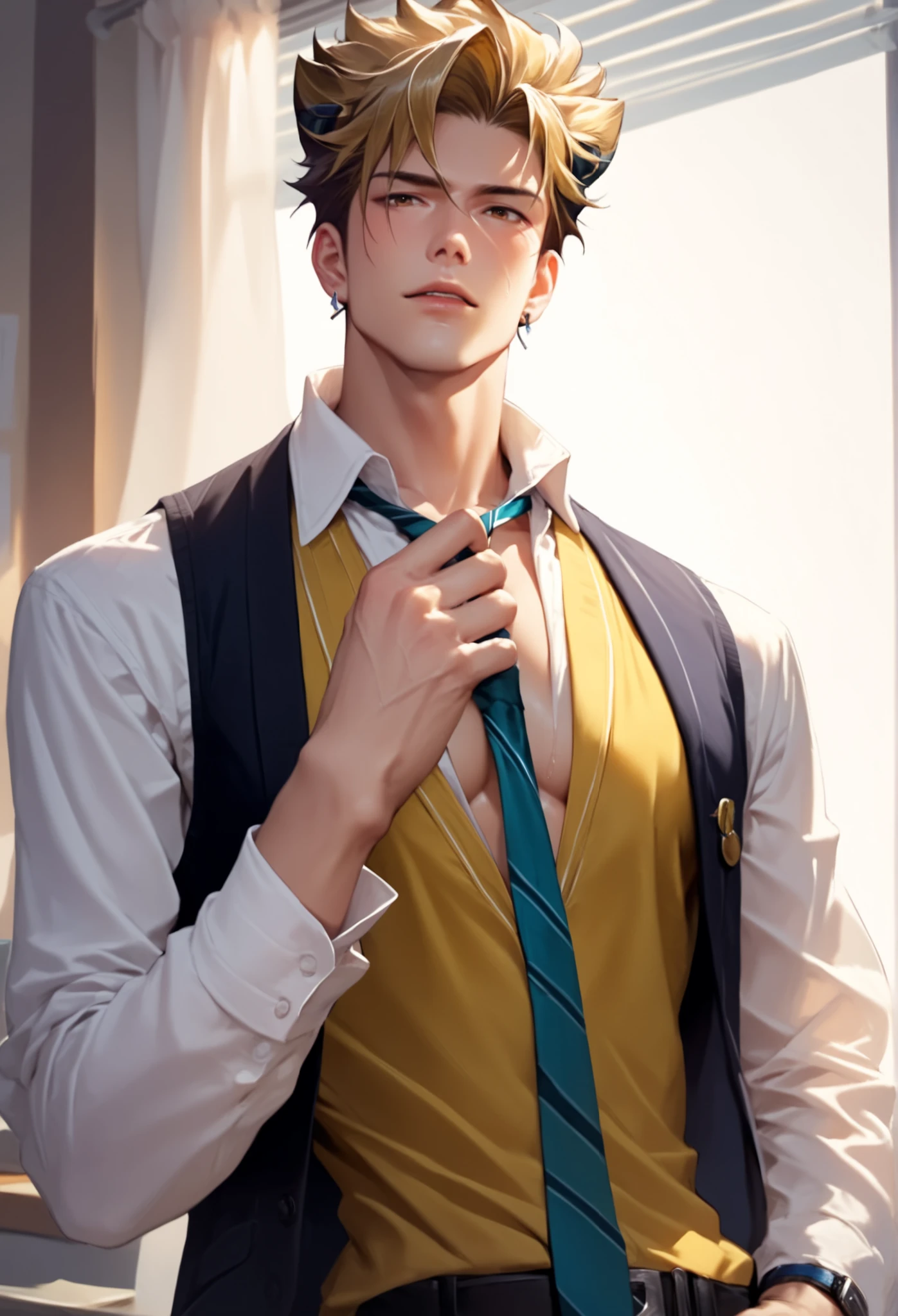 score_9, score_8, score_7, 1boy, solo, male focus, toned male, Pale skin, rating_explicit, source_anime, game_cg, male focus, uncensored, standing, vest, necktie, hands on necktie, fixing necktie, sfw