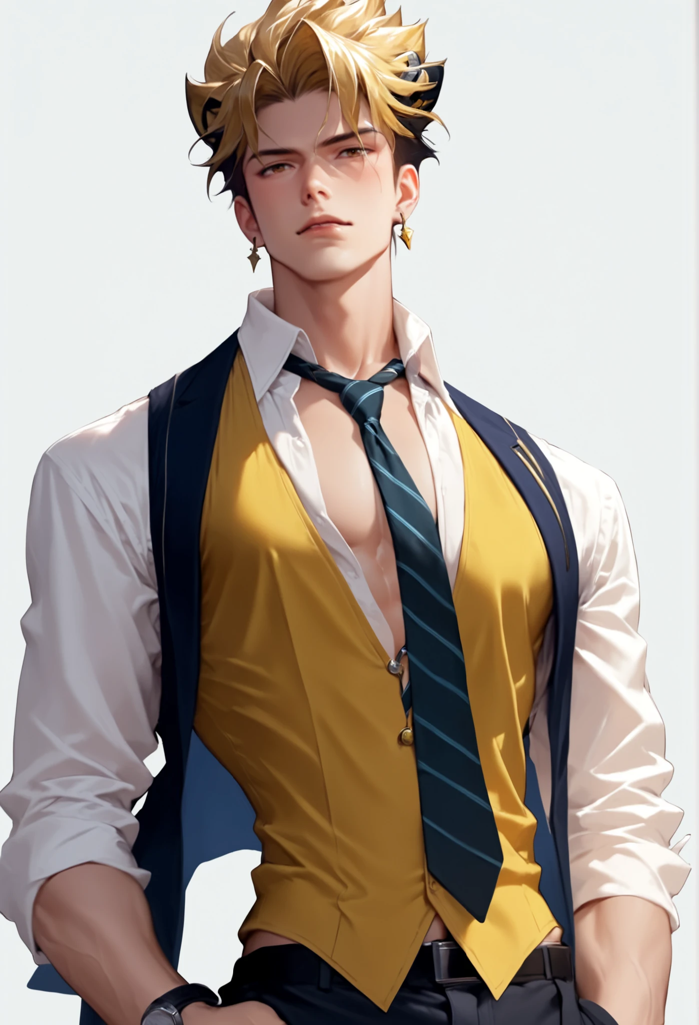 score_9, score_8, score_7, 1boy, solo, male focus, toned male, Pale skin, rating_explicit, source_anime, game_cg, male focus, uncensored, standing, vest, necktie, hands on necktie, fixing necktie, sfw