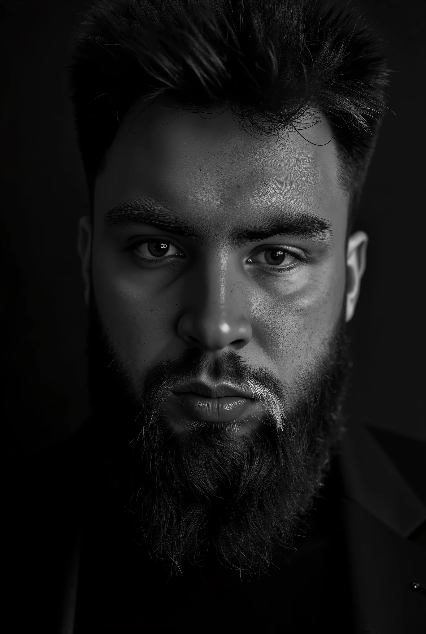 Create a high-quality black-and-white close-up portrait of a man resembling the avatar of pavel89ru. The man should have a stern, intense expression, noticeable facial hair, and a strong jawline. Only the right half of his face should be shown, illuminated by dramatic lighting, while the rest is left in deep shadow to emphasize the sharpness of his facial features. The lighting should be professional, with deep shadows and bright highlights accentuating the eyes and other details. The background should be dark and minimalistic, with a smooth gradient to avoid distracting from the face. The skin texture should be ultra-realistic but moderately detailed, appearing natural with each line and pore visible in high resolution, but without excessive texture. The gaze should be piercing and intense, creating a cinematic and moody atmosphere. The overall look should convey strength, power, and mystery, suitable for a high-end fashion or editorial magazine. Use 8K or 4K image quality with maximum detail to capture the facial features, skin texture, and hair.