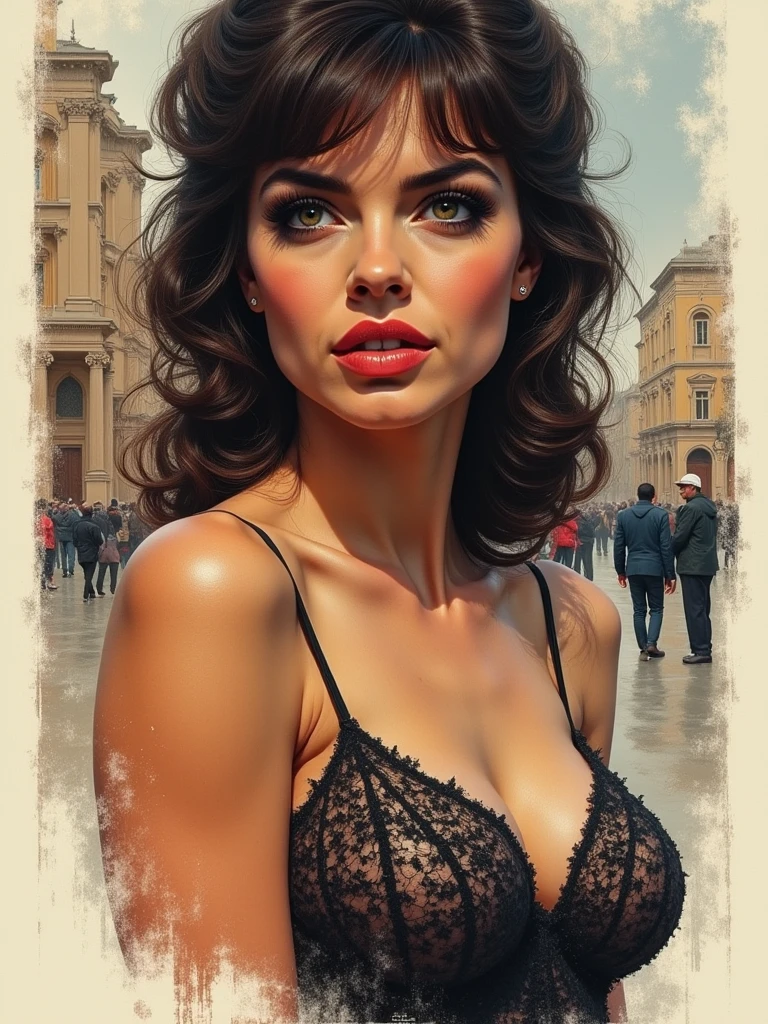 Adult girl sexy photomodel provocative face big breast straight in lingerie in piazza Duomo in florence --auto --s2