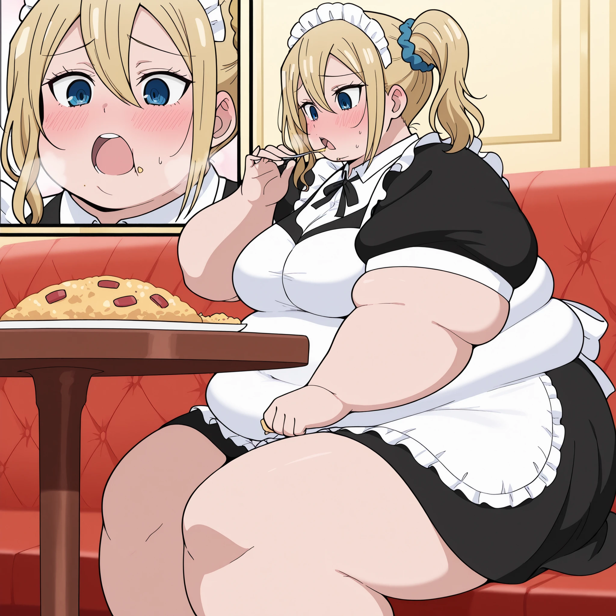 masterpiece, best quality, amazing quality,, 1 girl, solo, Hayasaka Ai, blond hair, blue eyes, , mature female, breasts, anime screencap,, , blush, wearing maid costume, looking down, cowboy shot, , ,fat, chubby, obese, gigantic arms and legs, large breasts open mouth, out of breath, puffy cheek, from side, sitting on a couch, showing feet, eating food, in front of tones of food, table, food in mouth, from front, face focus, close up,