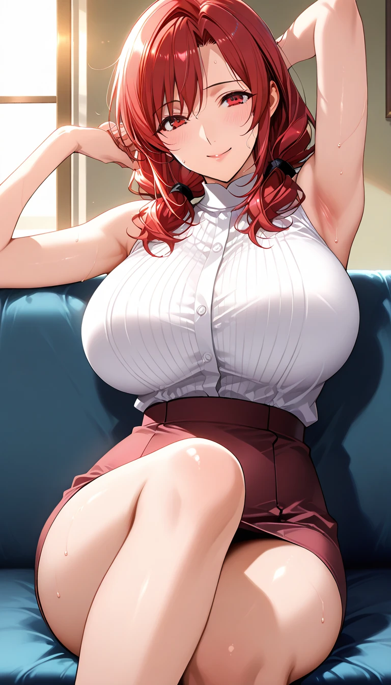 (masterpiece), best quality, Detailed, Ultra-Detailed, Digital Art, Detailed Face, HD, (Hyper-Detailed Eyes:1.2), (Absurdres:1.3), (Realism:1.25), (Realisitc:1.2); [expressive eyes, /(Nemuidere face)/, perfect face, gyaru, massive breasts, very curvy, red hair, blue eyes, full lips, warm smiling], at home; /((clothes details))/, ((white) sweater: 1.3), (casual red skirt: 1.2), at home, massive breasts, wide hips, /(shiny skin)/, 1 female, sitting down, sexy, facing the viewer, //((Nemuidere: 1.4))//
