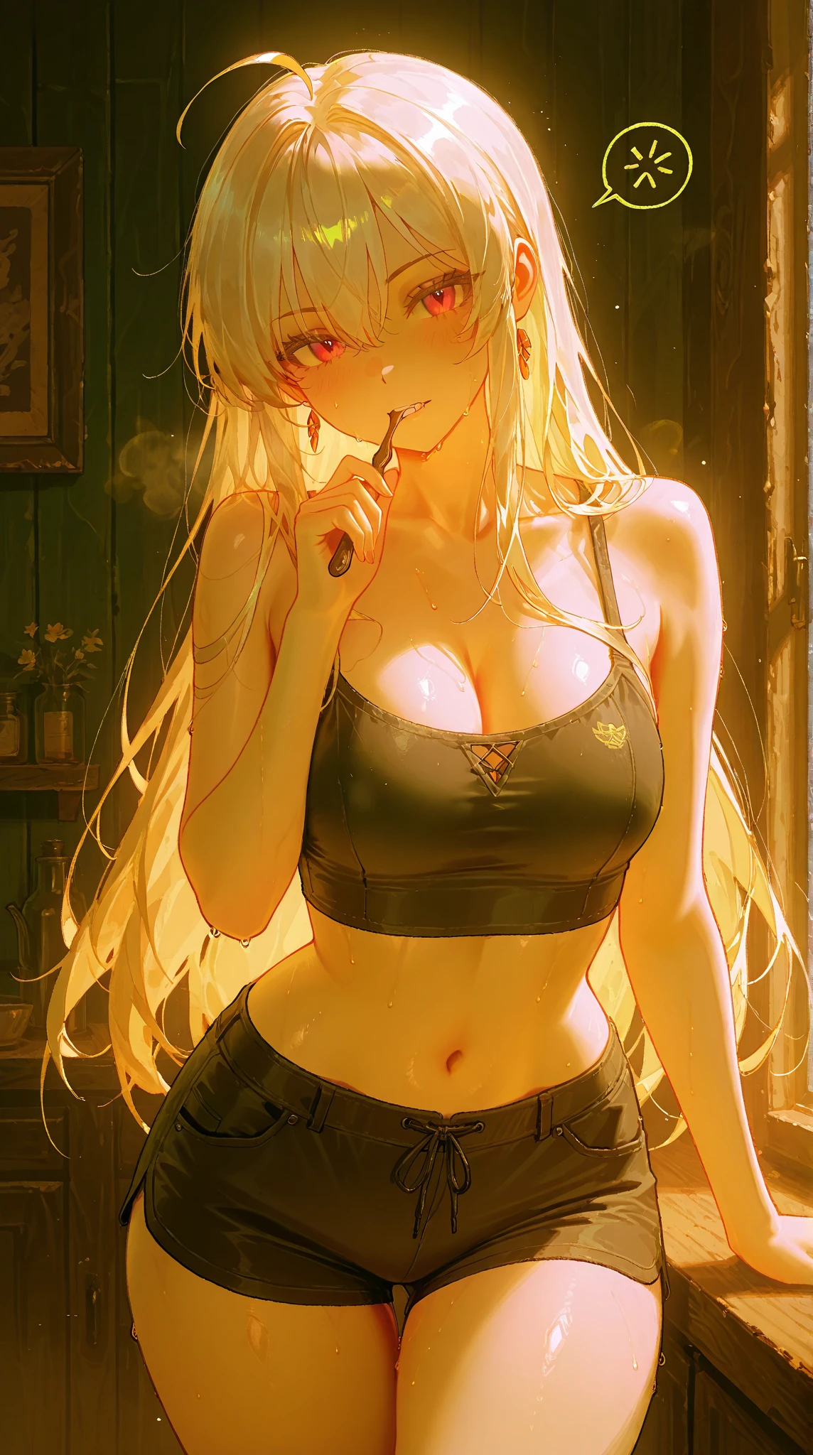 Anime Kawaii sexy Perfect Slim sensual body large breast and huge thighs, An intricate and highly detailed illustration of anime (Young girl) 最high qualiy、best quality image、work of art、adolescent((18-years old、 Becoming、vest bust、medium bust,wide open breast tea、Black eye, hair blonde、Usual hair、long hair、fine tune,higher valley、black tank top with navel、blue shorts、Holding a spray can、smug face、leaning forward)),high qualiy、linda arte、fund((Shining city、wand、graffit、paint))debris flies、Written limit depth、film、visual artwork、Perfect artwork、8k,genuine