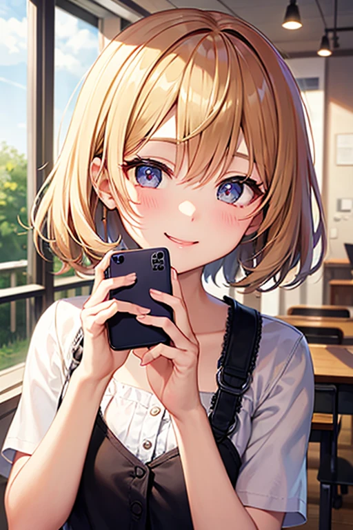 highest quality, masterpiece, Ultra-high resolution, 8k,Summer sky,early summer,((Summer clothes)),Show anime style , One, Soft Line Art, Digital Enhancement, shojo anime touch, shojo manga core, Flowing fabric, close, Soft Drawing, Ultra High Definition Digital Anime Art, Clear facial depiction, Highly detailed girl manga character art, Ultra-detailed manga style, highest qualityの色, 1.2), (Short brown hair), Wet Hair,Beautiful brown hair, Clear brown eyes, A little chubby,Small breasts,Small butt,(((Teasing Smile))),, Mouth closed, View from the veranda of a high-rise apartment building, (((Taking a selfie with your smartphone))), Short sleeve, Looking at the audience, Medium Hair, alone, Upper Body, school uniform: 1.3, ((alone)), (masterpiece), Mr.々Movement pose、With a smile、mini skirt、View from behind