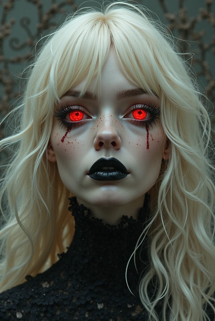 A very pale humanoid woman, with red eyes, she is crazy, crazy, horor, she is creepy, she is scary, an expression of shock, a psychopath's look, very evil, she is skinny, she evokes fear, Terror, dread, decay, disgust, she she is a psychopath, dark, unusually thin, unusually attractive, thin, disheveled, emaciated, twisted, scary, sick, alone, close up, fog, evil eyes, bright eyes, (she is wearing an old and very dirty torn black dress), weather autumn, dusk、(((Tattered and dirty clothes, torn)))、((Nipple Covers))、((Long slit))、(Lace-up)、(A lot of blood)、