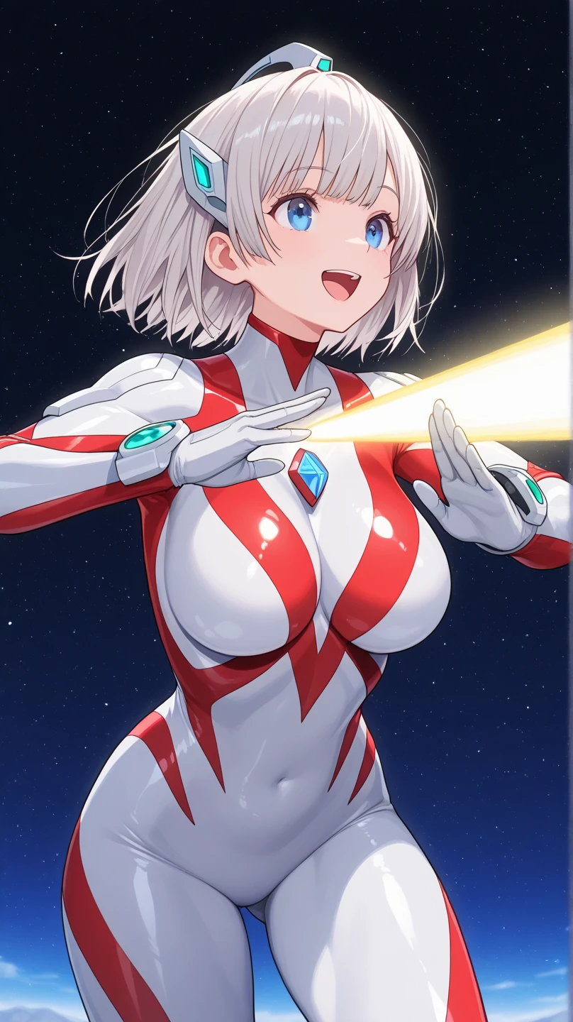(masterpiece:1.2,Highest quality,Highest quality,High resolution,Very detailed),8k,1 female,Mature female heroine,40 years old,Woman transforming into Ultraman, (Dynamic Makeover:1.2),(Dynamic hair movement:1.2),(short hair),(Shiny Ultraman uniform),(Glowing Skin,Big eyes,Droopy eyes,Long eyelashes,Beautiful thighs,Beautiful Hair,Beautiful Face,Beautiful Eyes,Beautiful body,Beautiful breasts,Beautiful feet,Beautiful fingers),break((Ultraman)),((Ultraman_rise:1.5)),((hand)),(Raise your right fist straight up),(右handはパンチ),(Extend your right arm straight),((Detailed drawing of a fist),(Severe),(The background is a glowing prism flash),((Wrapped in dazzling light)),((Beautiful trading cards,Platinum Card))