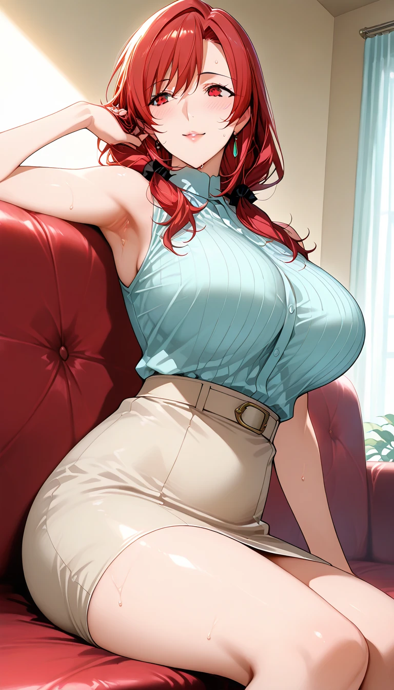 1 mature woman, light peach skin, big green eyes, red formal hair, pearl earrings, pearl necklace, sexy, hourglass shaped body, wearing white crop top, wearing blue tight mini dress, at the office, seductive, voluptuous curvy woman, open jacket, big chest