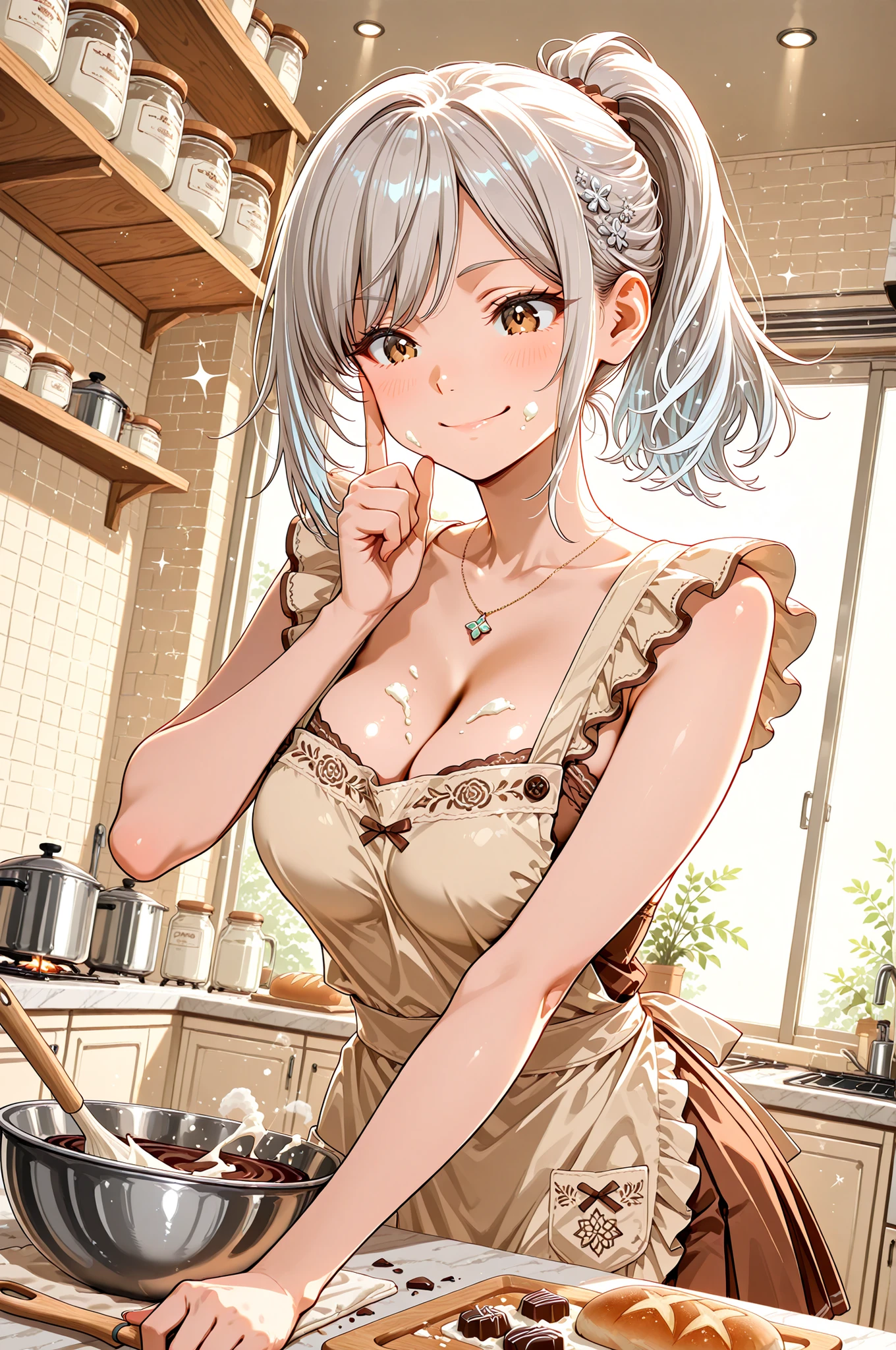 masterpiece, anime artwork, score_9_up, score_8_up, flat anime style, 1girl, 20 years old, delicate Japanese facial features, soft angular jawline, small refined nose, naturally arched eyebrows, large expressive chocolate brown eyes with intricate kaleidoscopic iris patterns, detailed pupils with warm reflections, sparkling highlights creating cozy depth, gentle smile with contentment, long natural eyelashes BREAK (silver hair:1.3), silky smooth ponytail with individual strand definition, practical styling for activity, detailed hair texture with metallic shine, glossy surface reflecting kitchen lighting BREAK porcelain-smooth skin with subtle translucency, natural healthy glow, realistic skin texture, satisfied smile with flour dusting on cheek BREAK pastel apron with detailed embroidery over cream blouse, fabric with tiny stains from baking, revealing modest cleavage, brown mini skirt with button details, black translucent stockings with kitchen-appropriate pattern BREAK from an angle, upper body shot, baking pose with hands kneading dough, flour particles in air, focused on culinary creation BREAK home bakery kitchen, warm morning light from windows, detailed baking equipment with copper surfaces, mixing bowls with realistic wear, measuring tools with precise markings, shelves lined with ingredient jars, fresh bread cooling on racks, flour dust motes dancing in sunbeams, cozy domestic atmosphere with aromatic visualization