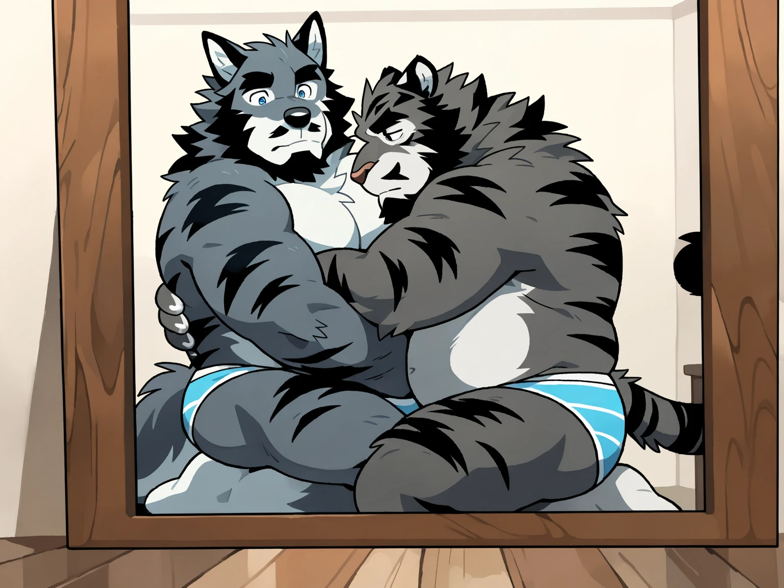 gay, Anthro, two males, male/male, Duo (((male, black Panther, muscular, broad shoulders, black body, black fur, long snout, looking dominant, big hands, clawed hands, huge cock, big thighs, black balls, huge balls, red pupils, long snout, black panther has red pupils, black eye brows, penetrating male, black eyebrows, panther tail, penetrating anus, penetrating domestic dog, black panther anatomy, thrusting movements, cock is penetrating anus, clawed feet, head on shoulder, standing, black panther is top, holding partner, biped))) bedroom, detailed full nelson position, detailed mouths, detailed teeth, detailed hands, detailed genitalia, detailed pupils, detailed snout, detailed eyes, detailed tongue, detailed head, detailed butt, detailed domestic dog, detailed panther, detailed ears, detailed abdomen, pink tongue, naked, detailed faces, detailed neck, different species, from behind position, inter species, looking at partner, anal sex, full Nelson position (legs held), huge penetration, pink paw pads, anal, anal juice (((male, domestic dog, thin, looking shy, blue pupils, blue eyes, pecs, folded ears, floppy ears, brown spots on legs, white fur, white body, white abdomen, white pecs, mostly white body, mostly white fur, white feet, white legs, white arms, white head, white thighs, white face, white butt, white balls, all brown ears, big cock, big balls, jiggling butt, bubble butt, pre cum, long snout, looking shy, cheek scruff, naked, domestic dog being penetrated, biped, domestic dog is bottom))) ((focus full nelson position)) full body, defined muscles, manly look, detailed body anatomy, black nose, NSFW, separated body’s, separate body colors, mature, perfect anatomy, body anatomy, By mystikfox61, by chunie,