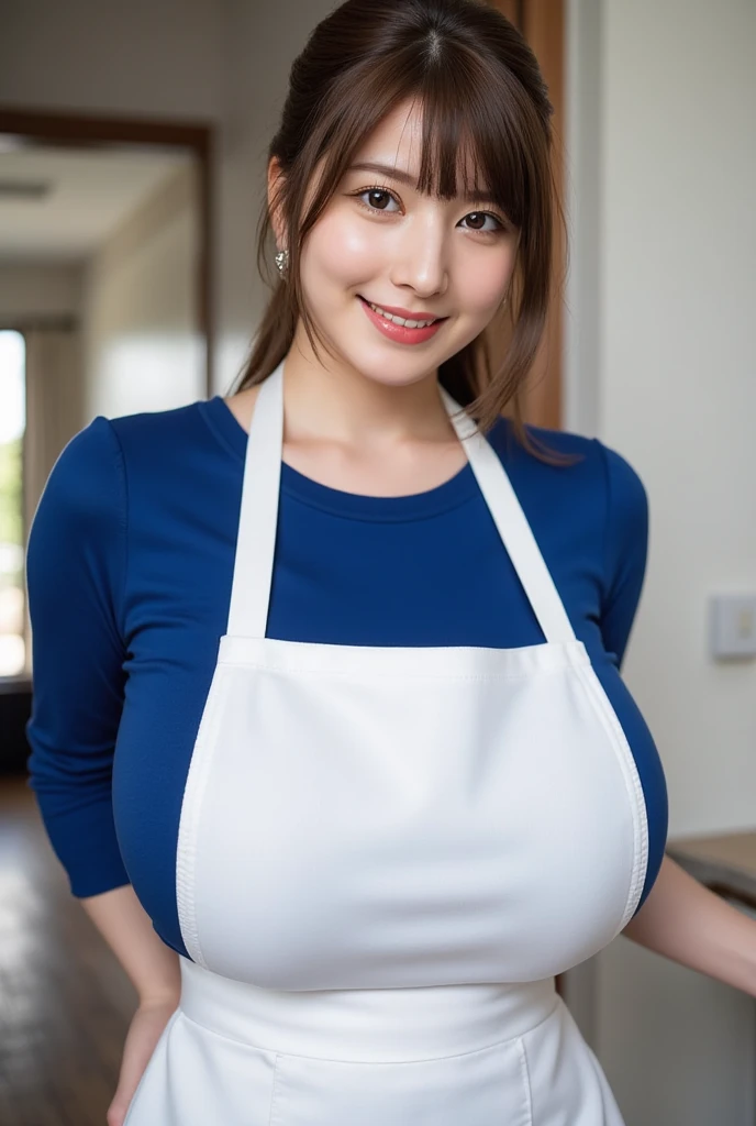 (Highest quality,masterpiece,Super detailed,8K,RAW Photos,Realistic,High resolution:1.2),(Cute Japanese Girl),(Super huge boobs:1.4),(Light brown hair),(apron:1.4),(Sensual:1.4),(Shoulder length),(A light smile),(Chubby:1.4)