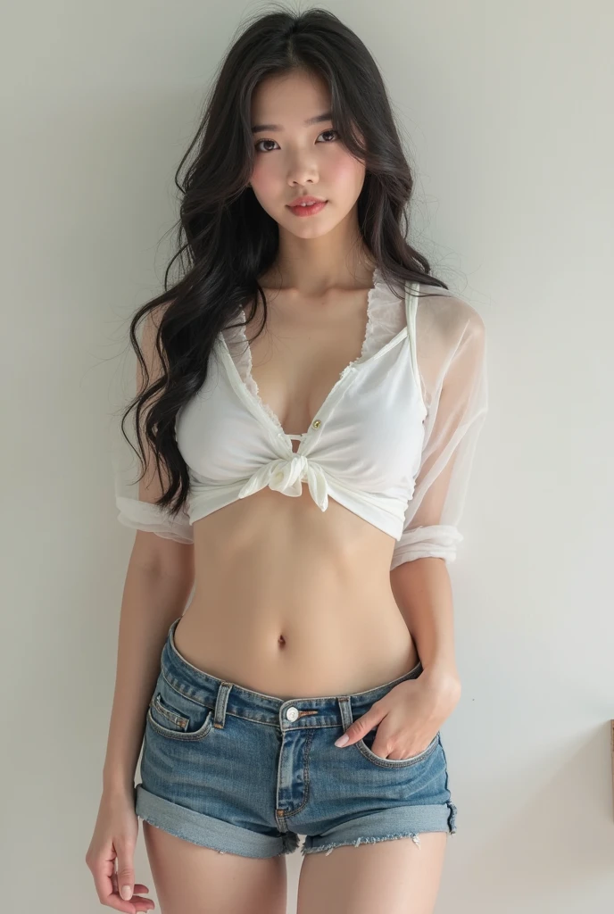 Japan Girls, Japan Face mix Russian face, Slender and tall body. White skin, oval face. Girl in super transparent white robe, unbuttoned loose opened clothes, Showing nude breasts and nipples and tight denim skirt posing for photo, full body, legs spread, withouy bra, slim body, smaller bust, slim girl model, 24-year-old female model, lying on the construction site, a group of black men onlooking