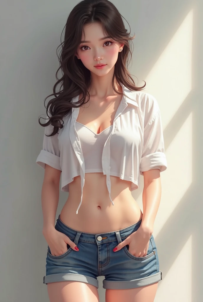 ((Highest quality, 8K, masterpiece :1.3)), Sharp focus :1.2, Beautiful woman with perfect figure :1.4, 1 Girl,Slim Abs :1.2, ((Dark brown hair,chest :1.2)), (White long formal shirt)(Unbutton your shirt.), Gray background:1.2, Highly detailed face and skin texture, fine grain, double eyelid,Beautiful Hands,Five Fingers,Fashion model posing,Full body portrait,Cowboy Shot,jeans,Cast a Shadow,